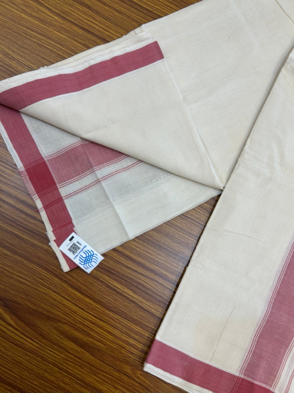 25% Discount KaithariKada Handloom Unakkupaav Balaramapuram - 100% PURE Cotton off white (Unbleached) Double Mundu/Dhoti - 80X90 - 1.75 inch Light Maroon Shaded Striped Kara 3.80 mtr (8 muzham) - 3 KK5260 ELA