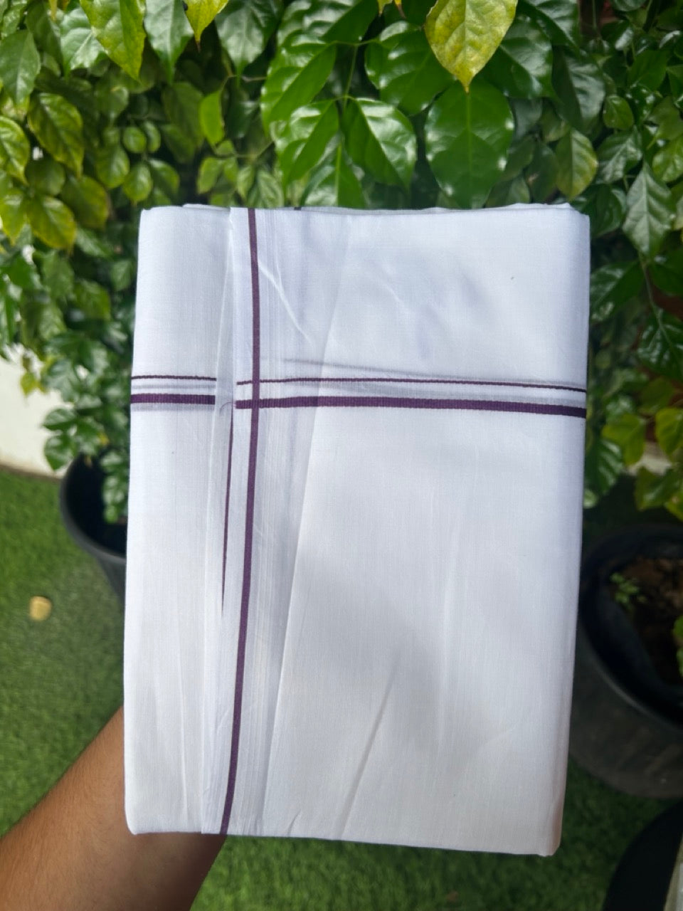 20% Discount ! Kaitharikada Balaramapuram 100% Cotton PURE WHITE Double Mundu/Dothi - 100x100 - 0.5 cm Wine Purple thin Kara - 57KK5217 CKS