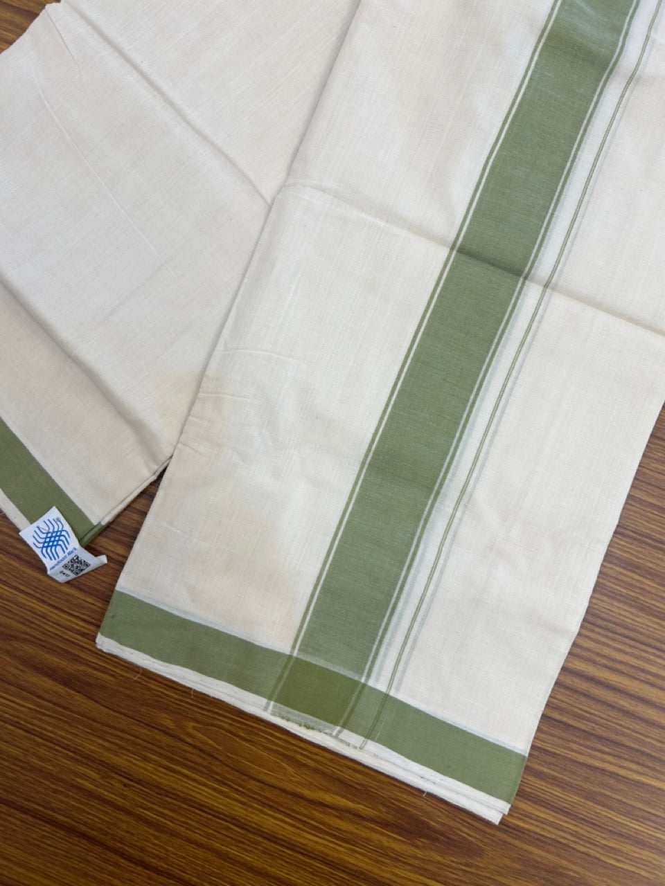 25% Discount KaithariKada Handloom Unakkupaav Balaramapuram - 100% PURE Cotton off white (Unbleached) Double Mundu/Dhoti - 80X90 - 1.75 inch Green Shaded Striped Kara 3.80 mtr (8 muzham) - 7 KK5260 ELA