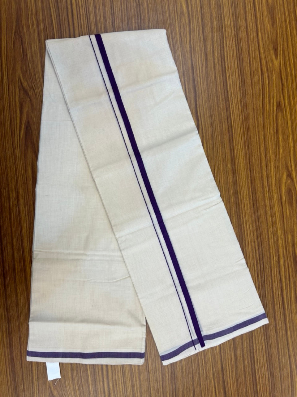 25% Discount KaithariKada Handloom Unakkupaav Balaramapuram - 100% Pure Cotton off white (Unbleached) Double Mundu/Dhoti - 80X90 - 1 cm Violet Kara 3.80 mtr (8 muzham) - 13 KK5260 ELA