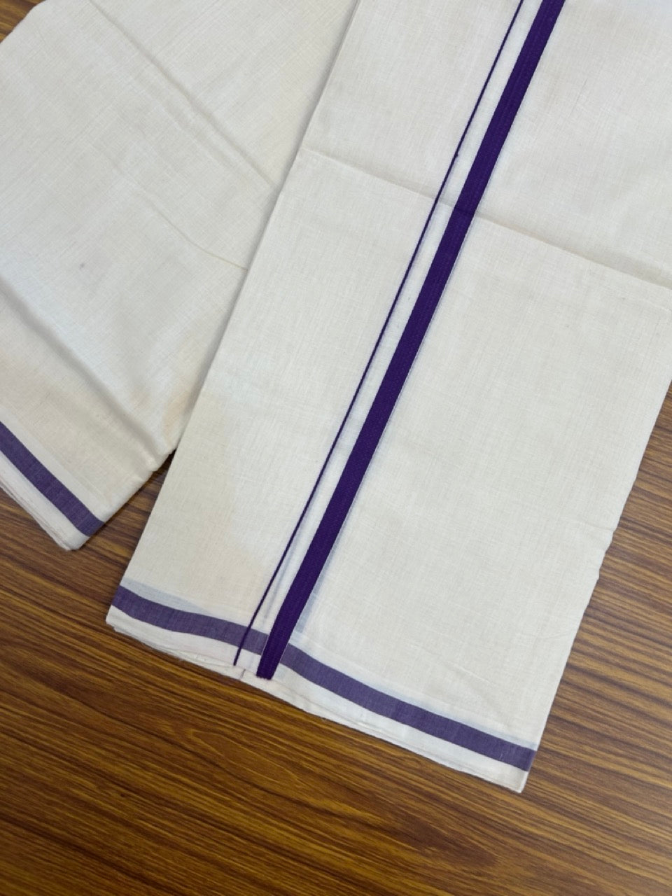 25% Discount KaithariKada Handloom Unakkupaav Balaramapuram - 100% Pure Cotton off white (Unbleached) Double Mundu/Dhoti - 80X90 - 1 cm Violet Kara 3.80 mtr (8 muzham) - 13 KK5260 ELA