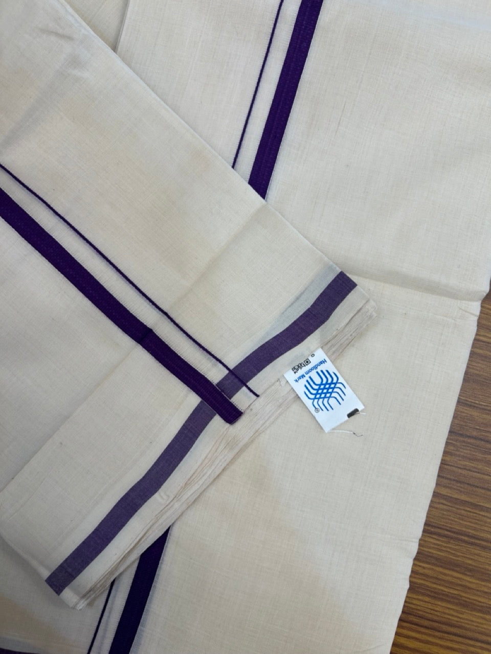 25% Discount KaithariKada Handloom Unakkupaav Balaramapuram - 100% Pure Cotton off white (Unbleached) Double Mundu/Dhoti - 80X90 - 1 cm Violet Kara 3.80 mtr (8 muzham) - 13 KK5260 ELA