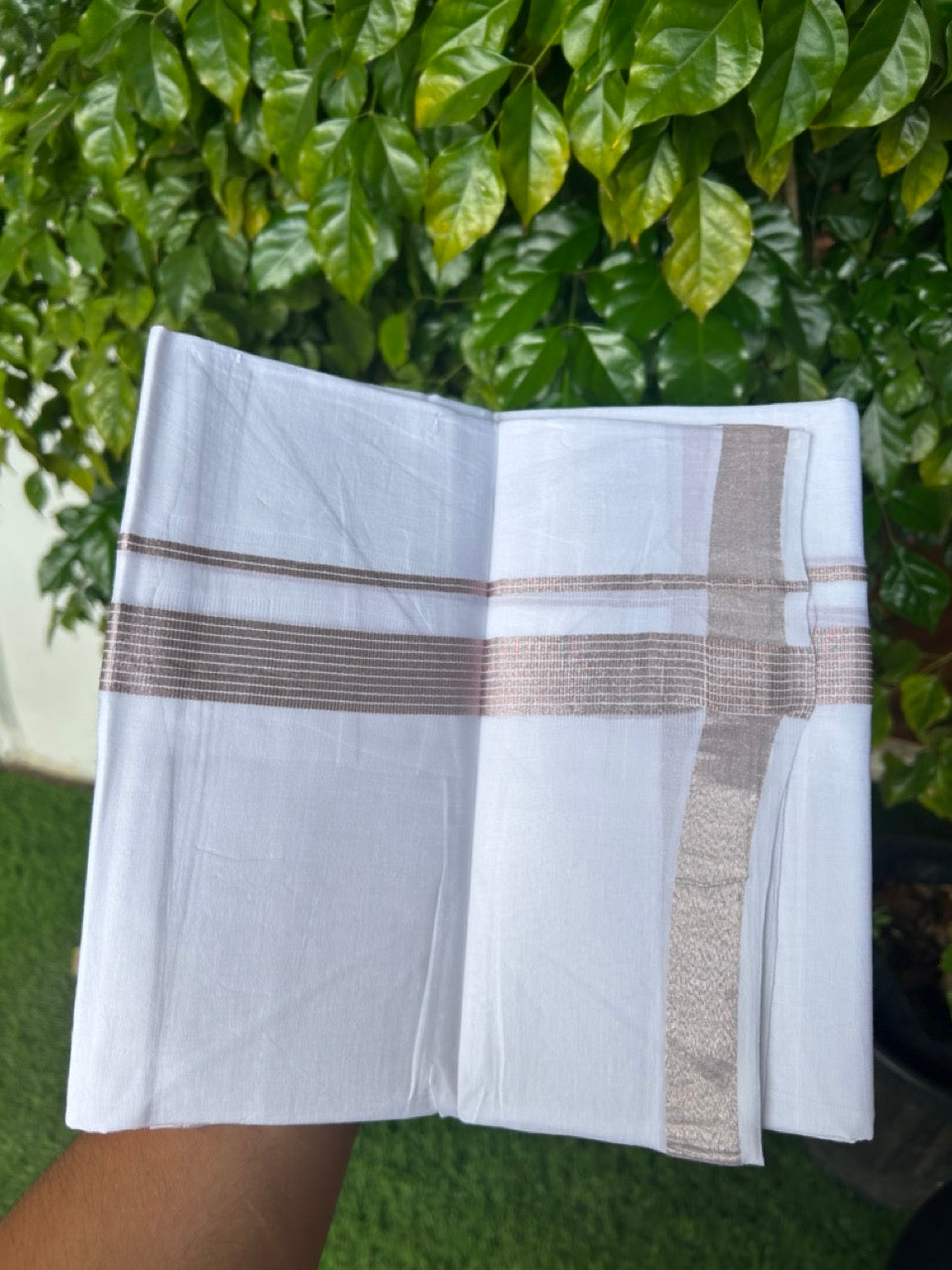 20% Discount ! Kaitharikada Balaramapuram 100% Cotton PURE WHITE Double Mundu/Dothi - 100x90 - 1 inch Pink Silver Kasavu Stripes Kara - 64KK5217 CKS