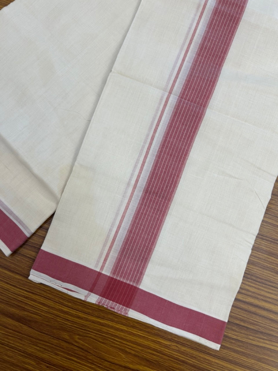 25% Discount KaithariKada Handloom Unakkupaav Balaramapuram - 100% PURE Cotton off white (Unbleached) Double Mundu/Dhoti - 80X90 - 1.5 inch Maroon Shaded Striped Kara 3.80 mtr (8 muzham) - 4 KK5260 ELA