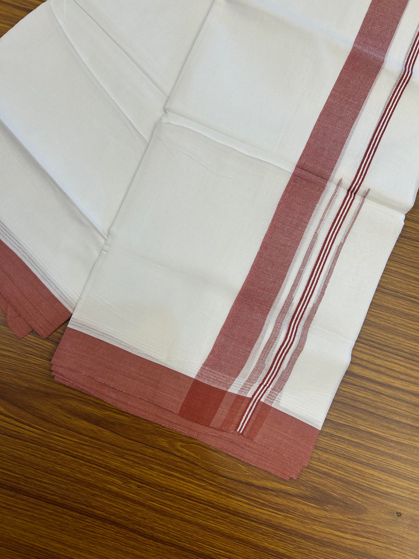 20% Discount! KaithariKada Balaramapuram 100% Cotton Double Pure white Mundu/Dhoti- 60s - 1.25 inch Brick Red Shaded Stripes Chutty Kara - Between3.80-3.95m (8 muzham) - 48 KK5355 CKS