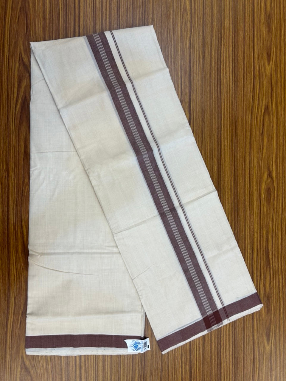 25% Discount KaithariKada Handloom Unakkupaav Balaramapuram - 100% PURE Cotton off white (Unbleached) Double Mundu/Dhoti - 80X90 - 1.5 inch Brown Striped Kara 3.80 mtr (8 muzham) - 9 KK5260 ELA