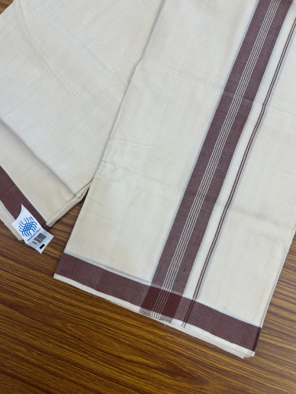 25% Discount KaithariKada Handloom Unakkupaav Balaramapuram - 100% PURE Cotton off white (Unbleached) Double Mundu/Dhoti - 80X90 - 1.5 inch Brown Striped Kara 3.80 mtr (8 muzham) - 9 KK5260 ELA