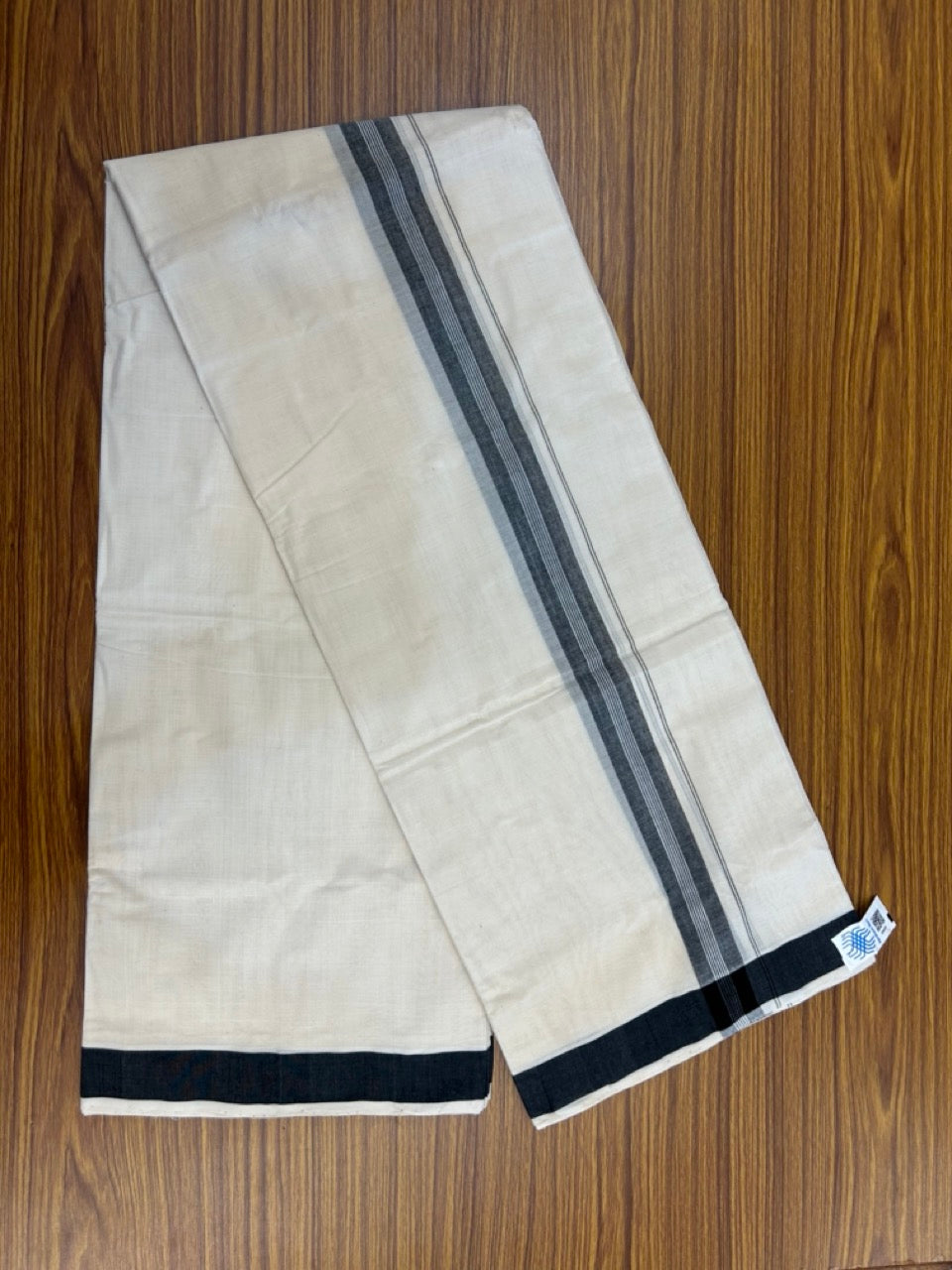 25% Discount KaithariKada Handloom Unakkupaav Balaramapuram - 100% PURE Cotton off white (Unbleached) Double Mundu/Dhoti - 80X90 - 1.25 inch Black Center Striped Kara 3.80 mtr (8 muzham) - 11 KK5260 ELA