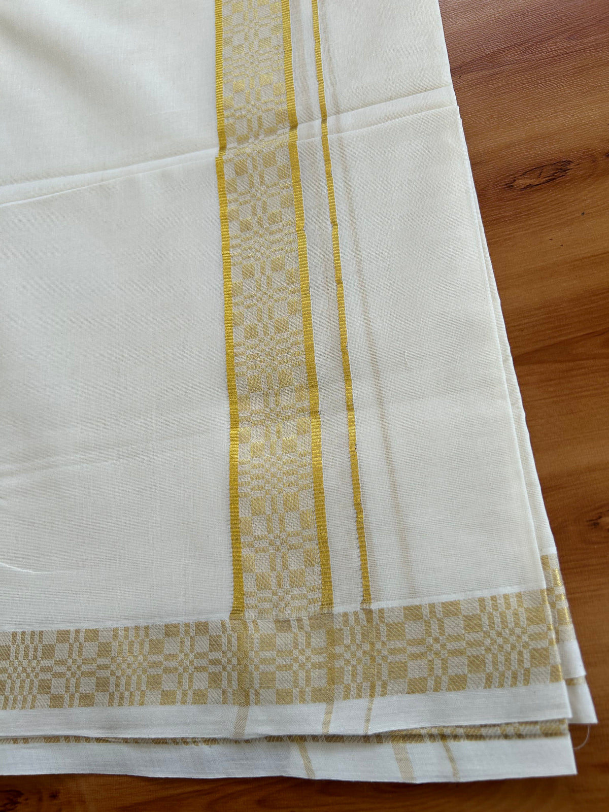 Double Off White (Unbleached) Mund/Dhoti - 20% Discount! KaithariKada Pulimood - Pure Cotton - 80s - 1.5 inch Gold Kasav Jacquard Design Kara 4 mtr (8.5 Muzham) - 4 KK5543 GAN