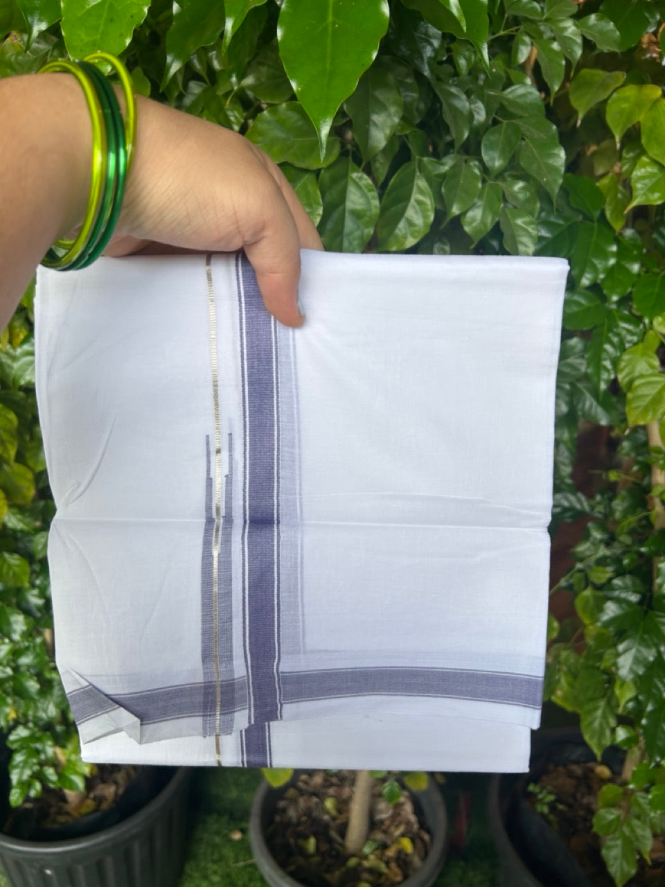 20% DISCOUNT!! Kaitharikada Balaramapuram 100% Pure Cotton PURE WHITE Double Mundu/Dothi - 100x80 - 0.5 Inch Purple Navy & Silver shaded Stripes Puliyilakkara Chutty - 48KK5217 CKS
