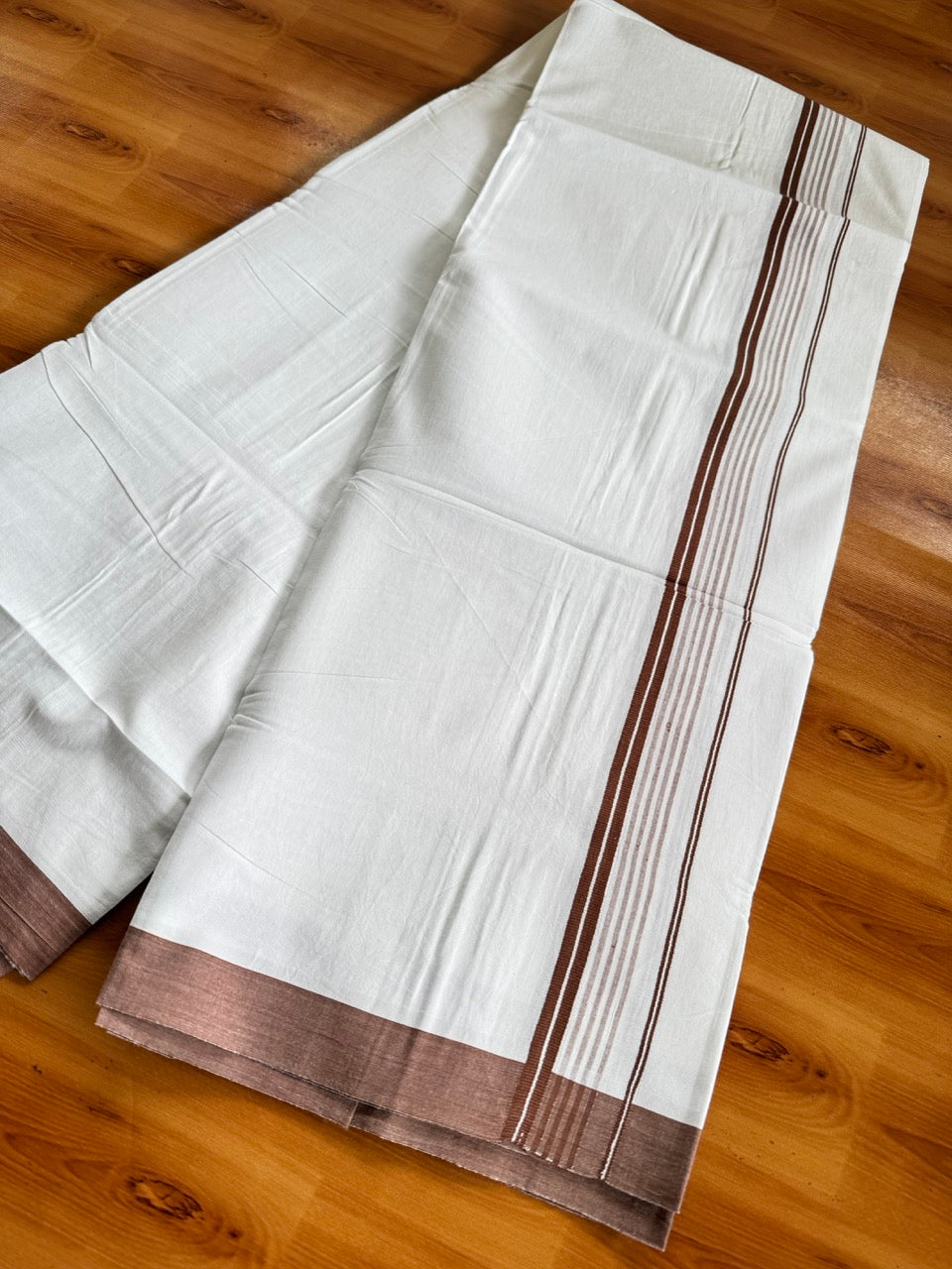 Pure White Double Mundu/Dhoti - 14% Discount ! Kaitharikada Pulimood 100% Cotton - (40X40) - 1 inch Dark Brown Striped Kara 4 mtr (8.5 muzham) - 6 KK5549 SKM