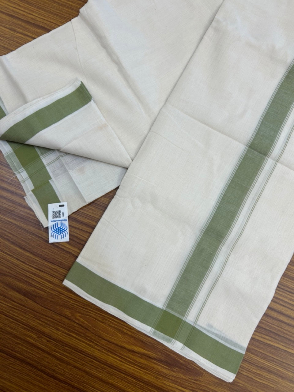 25% Discount KaithariKada Handloom Unakkupaav Balaramapuram - 100% PURE Cotton off white (Unbleached) Double Mundu/Dhoti - 80X90 - 1.25 inch Green Shaded Striped Kara 3.80 mtr (8 muzham) - 6 KK5260 ELA