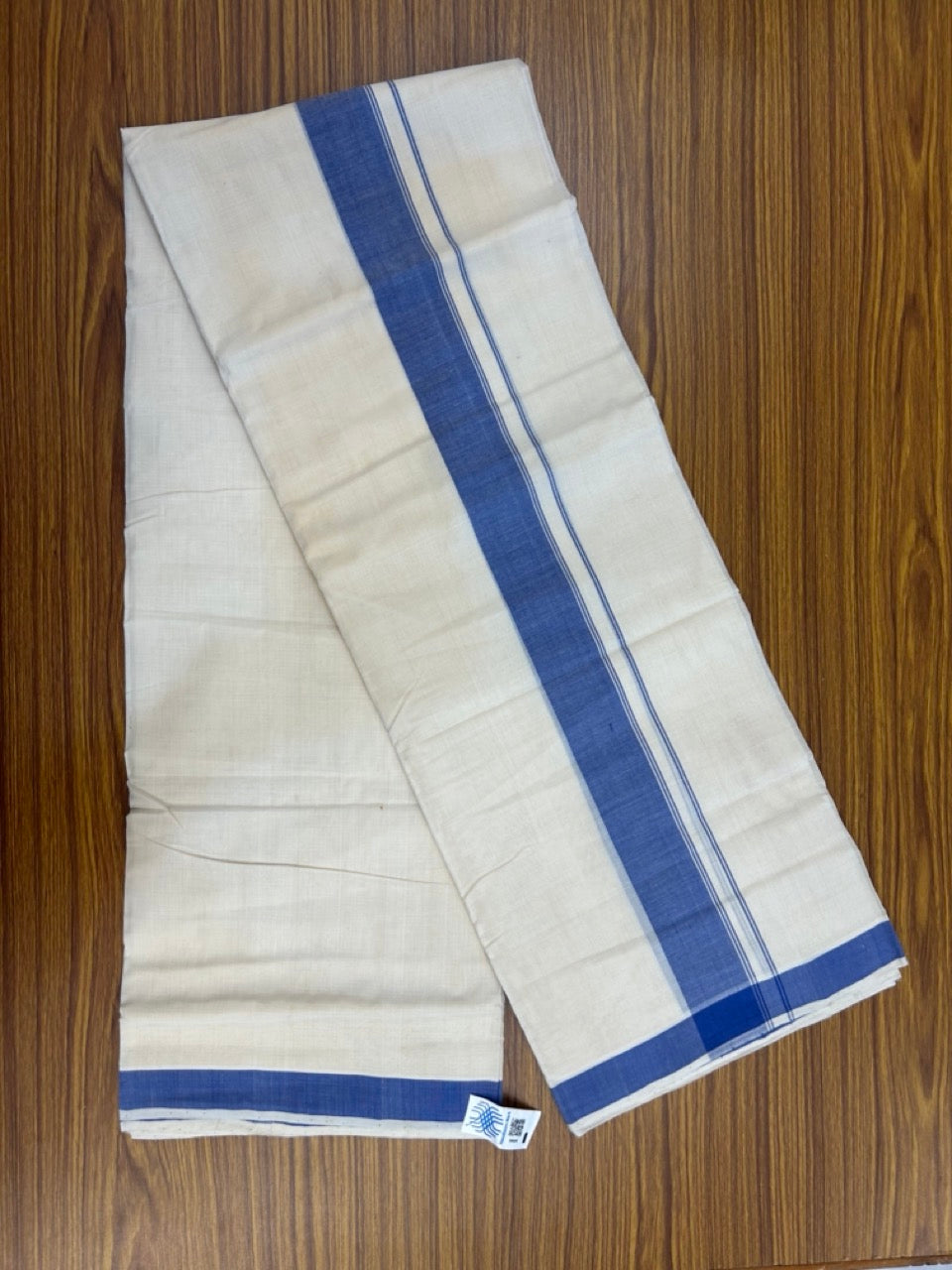 25% Discount KaithariKada Handloom Unakkupaav Balaramapuram - 100% PURE Cotton off white (Unbleached) Double Mundu/Dhoti - 80X90 - 1.75 inch Blue Side Striped Kara 3.80 mtr (8 muzham) - 10 KK5260 ELA