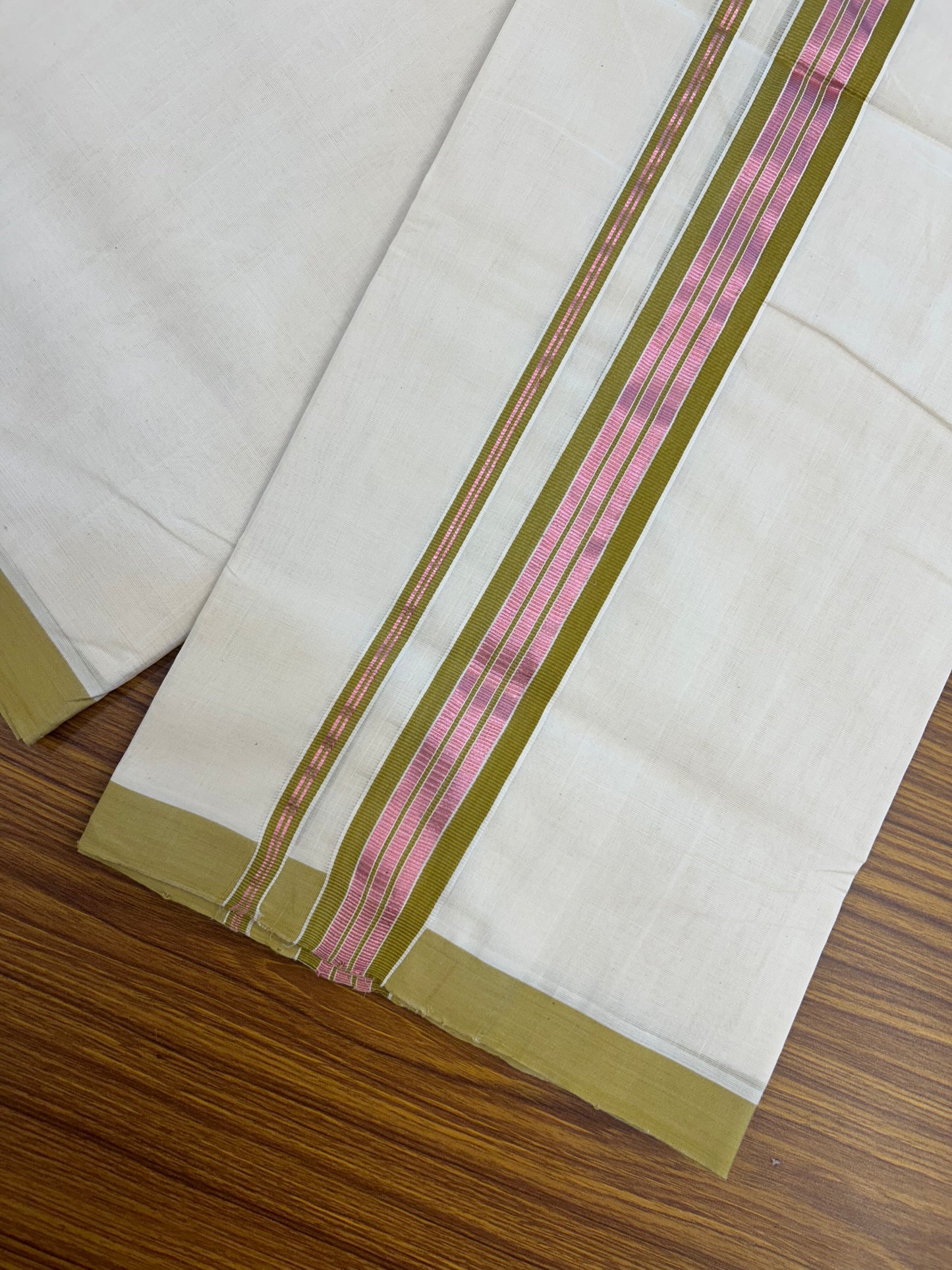 25% Discount ! KaithariKada Handloom Millpaav Balaramapuram - 100% Pure Cotton Off White (Unbleached) Double Mundu/Dothi - 80x90 - 1.75 inch Rose Pink Kasav & Olive Brown Striped Kara 4 Meters (8.5 Muzham) - 4 KK5328 RAM
