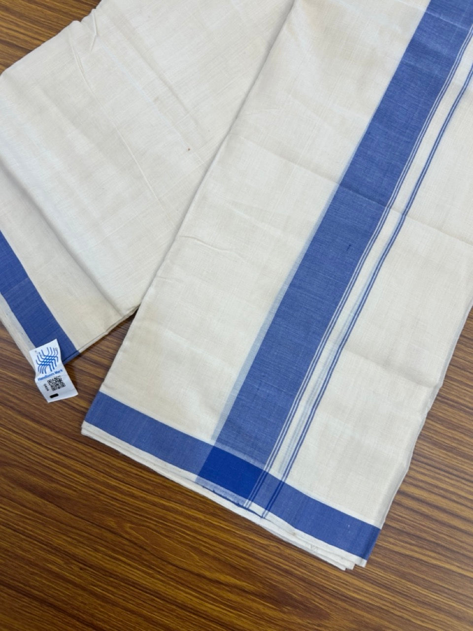 25% Discount KaithariKada Handloom Unakkupaav Balaramapuram - 100% PURE Cotton off white (Unbleached) Double Mundu/Dhoti - 80X90 - 1.75 inch Blue Side Striped Kara 3.80 mtr (8 muzham) - 10 KK5260 ELA