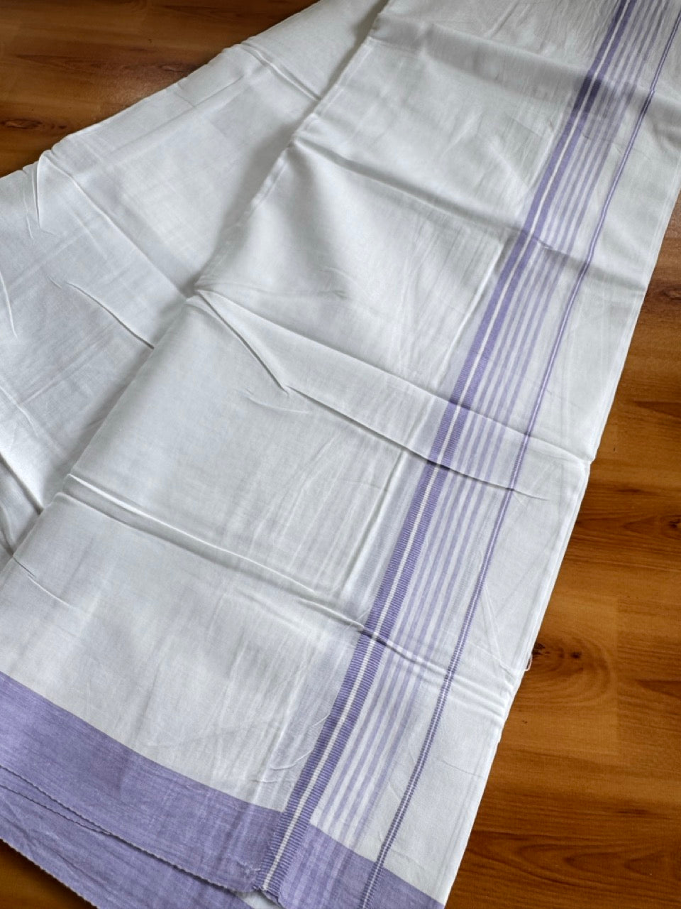 Pure White Double Mundu/Dhoti - 14% Discount ! Kaitharikada Pulimood 100% Cotton - (40X40) - 1 inch Light Lavender Striped Kara 4 mtr (8.5 muzham) - 7 KK5549 SKM