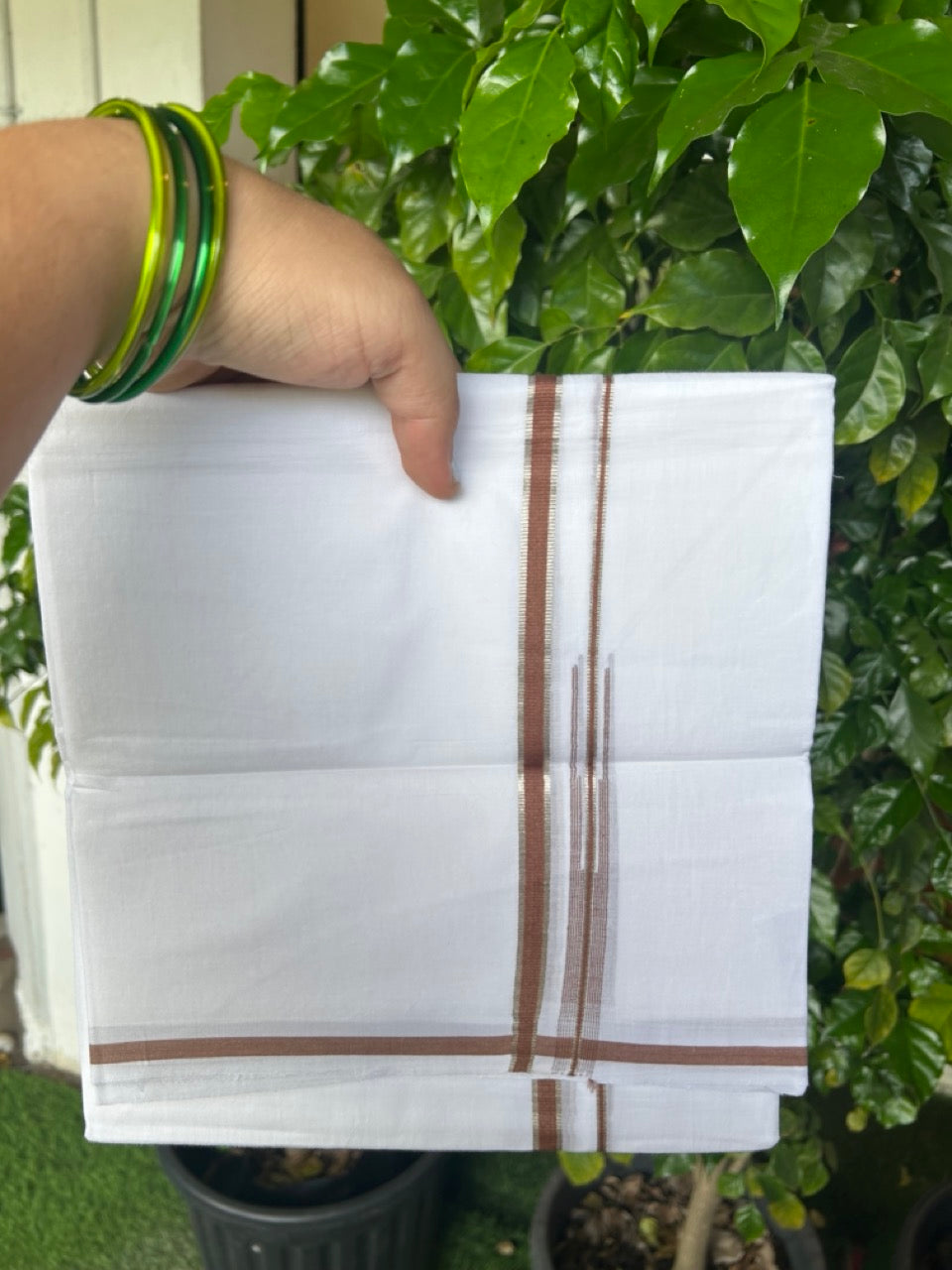 20% Discount ! Kaitharikada Balaramapuram 100% Cotton PURE WHITE Double Mundu/Dothi - 100x90 - 1 cm Silver Kasavu & Brown Chutty Kara - 70KK5217 CKS