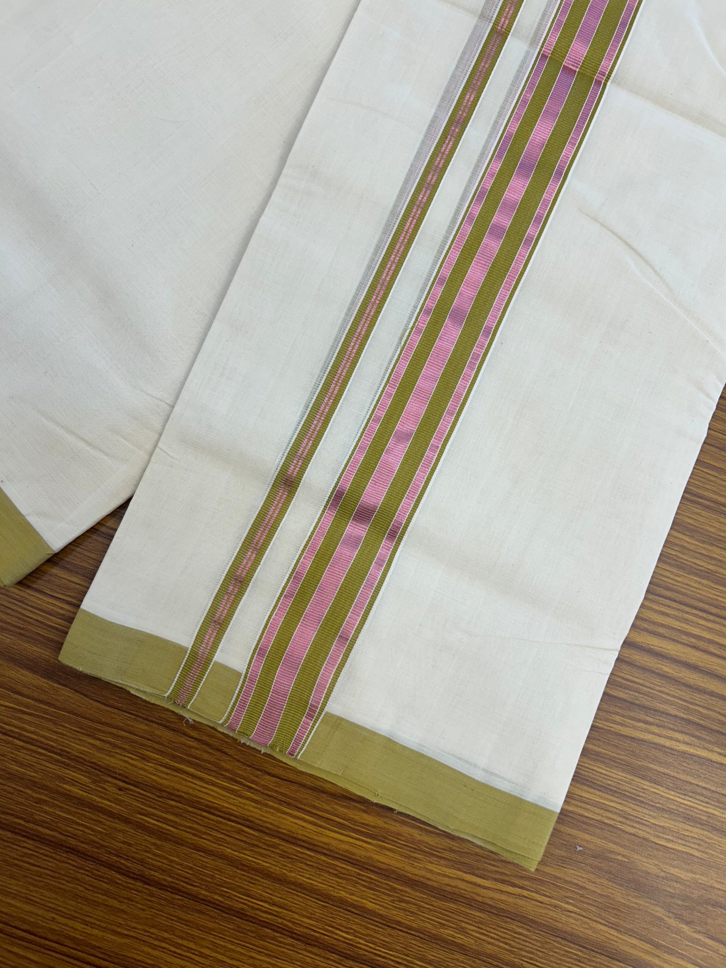 25% Discount ! KaithariKada Handloom Millpaav - Kerala Handloom - 100% Pure Cotton Off White (Unbleached) Double Mundu/Dothi - 80x90 - 1.5 inch Rose Pink Kasav & Olive Brown Striped Kara 4 Meters (8.5 Muzham) - 6 KK5328 RAM
