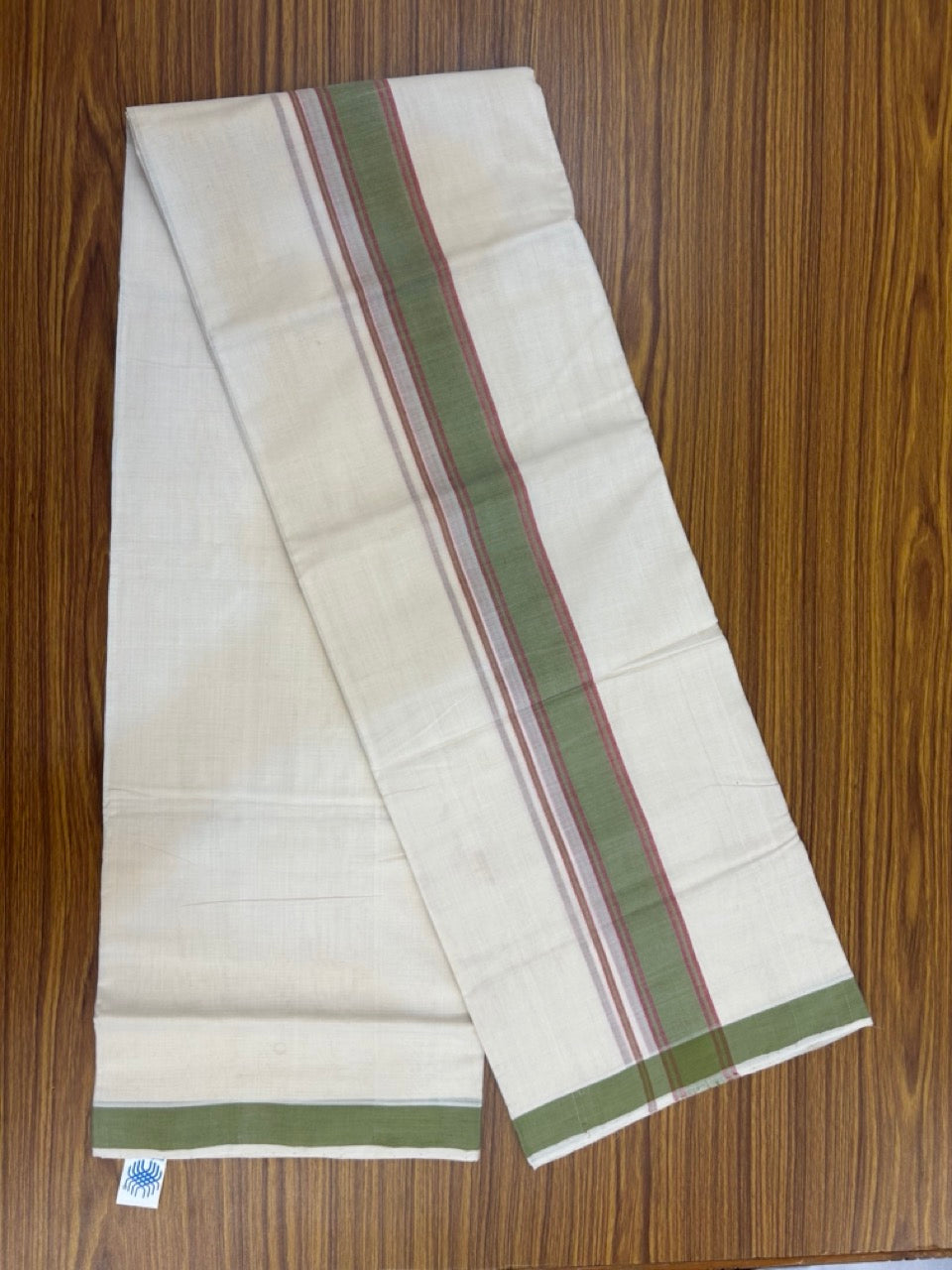 25% Discount KaithariKada Handloom Unakkupaav Balaramapuram - 100% PURE Cotton off white (Unbleached) Double Mundu/Dhoti - 80X90 - 1.5 inch Green & Magenta Shaded Striped Kara 3.80 mtr (8 muzham) - 8 KK5260 ELA