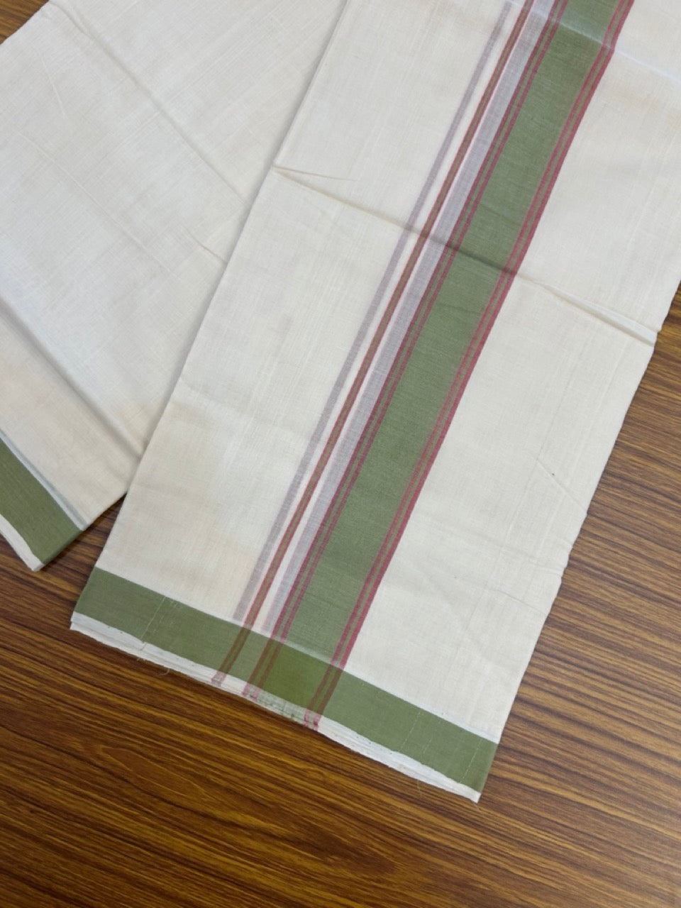 25% Discount KaithariKada Handloom Unakkupaav Balaramapuram - 100% PURE Cotton off white (Unbleached) Double Mundu/Dhoti - 80X90 - 1.5 inch Green & Magenta Shaded Striped Kara 3.80 mtr (8 muzham) - 8 KK5260 ELA