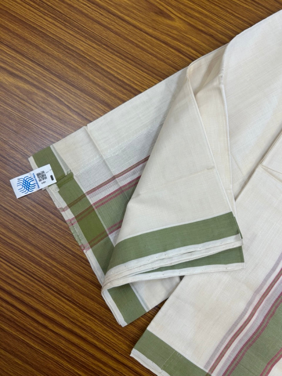 25% Discount KaithariKada Handloom Unakkupaav Balaramapuram - 100% PURE Cotton off white (Unbleached) Double Mundu/Dhoti - 80X90 - 1.5 inch Green & Magenta Shaded Striped Kara 3.80 mtr (8 muzham) - 8 KK5260 ELA