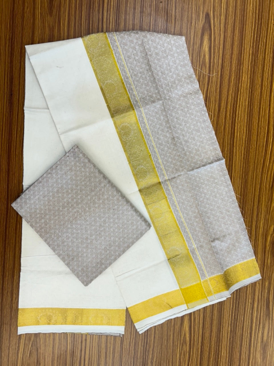 20% DISCOUNT ! KaithariKada Balaramapuram 100% Cotton Single Mundu/Dhoti (60)s - Gold Kasav jacquard Light Greyish Pink & Cream Colour Designer Shirt Material Combo - 3 KK7009 THI