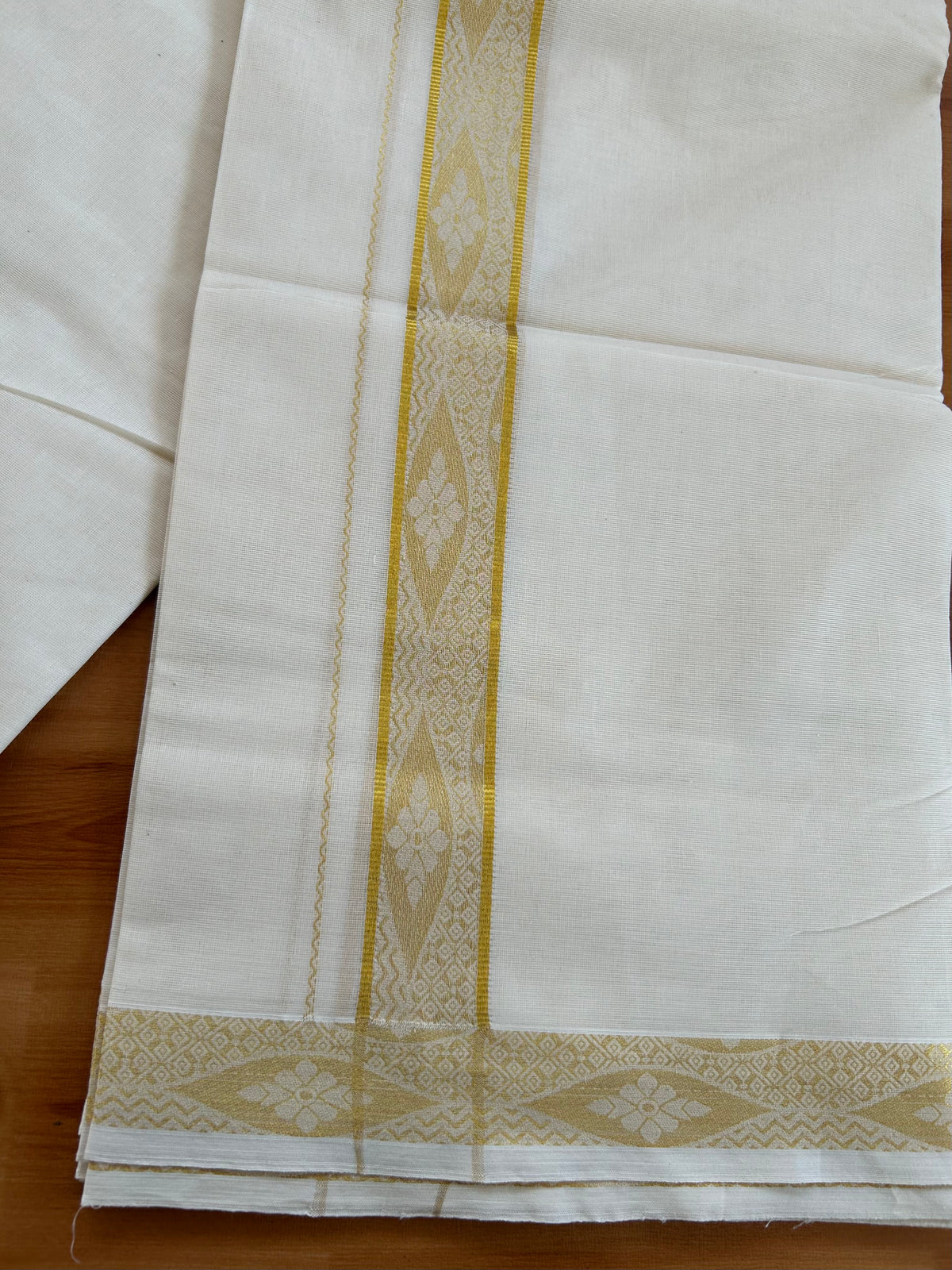 Double Off White (Unbleached) Mund/Dhoti - 20% Discount! KaithariKada Pulimood - Pure Cotton - 80s - 1.5 inch Gold Kasav Jacquard Design Kara 4 mtr (8.5 Muzham) - 1 KK5543 GAN