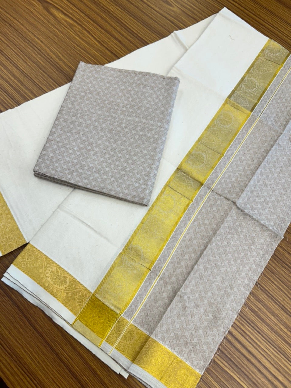 20% DISCOUNT ! KaithariKada Balaramapuram 100% Cotton Single Mundu/Dhoti (60)s - Gold Kasav jacquard Light Greyish Pink & Cream Colour Designer Shirt Material Combo - 3 KK7009 THI