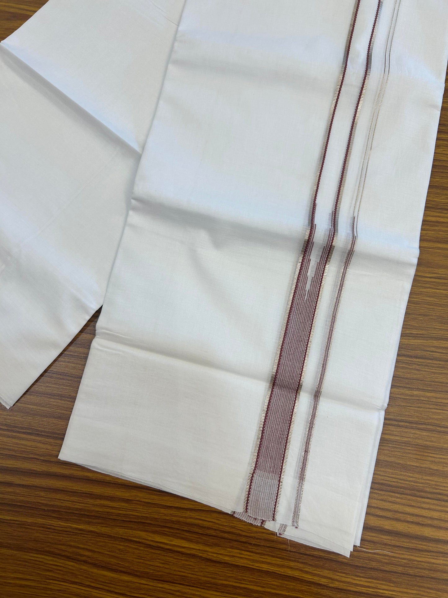 20% Discount! KaithariKada Balaramapuram 100% Cotton Double Pure white Mundu/Dhoti- 100X80 - 1.25 inch Maroon & Silver Kasav One Side Stripes Chutty Kara - Between3.80-3.95m (8 muzham) - 38 KK5355 CKS