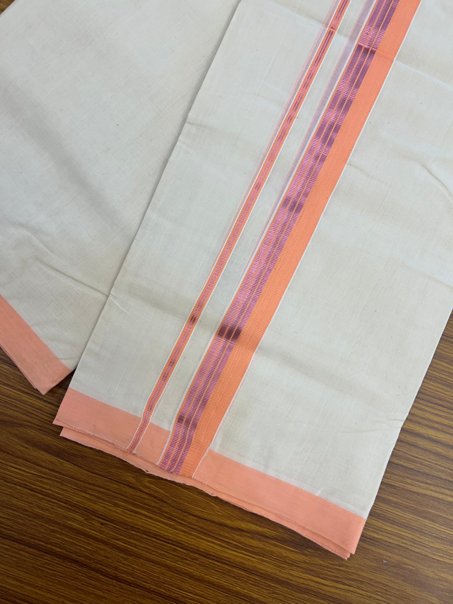 25% Discount ! KaithariKada Handloom Millpaav - Kerala Handloom - 100% Pure Cotton Off White (Unbleached) Double Mundu/Dothi - 80x90 - 1.5 inch Rose Pink Kasav & Peach Striped Kara 4 Meters (8.5 Muzham) - 11 KK5328 RAM