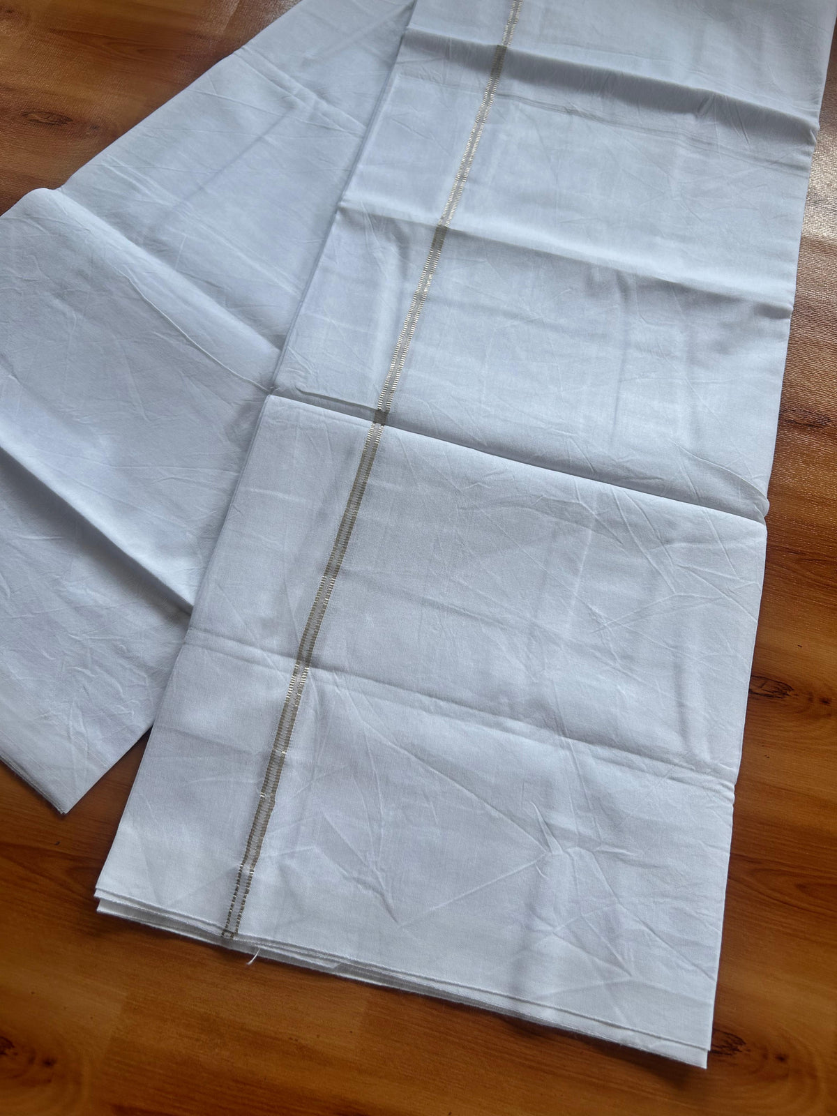 Single Mundu/Dhoti - Pure White - KaithariKada Balaramapuram 100% Cotton - Twisted 60s Thread - 0.5 cm Silver Kasav Shaded Striped Kara (2 meter / 4 muzham) - 1 KK5495 GL