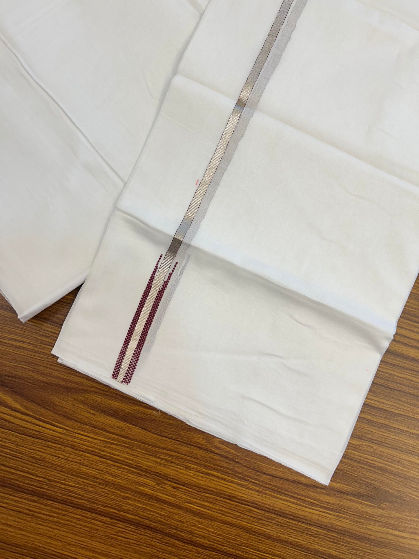 20% Discount! KaithariKada Balaramapuram 100% Cotton Double Pure white Mundu/Dhoti- 100X80 - 0.5 inch Maroon & Silver Kasav Chutty Kara - Between3.80-3.95m (8 muzham) - 34 KK5355 CKS