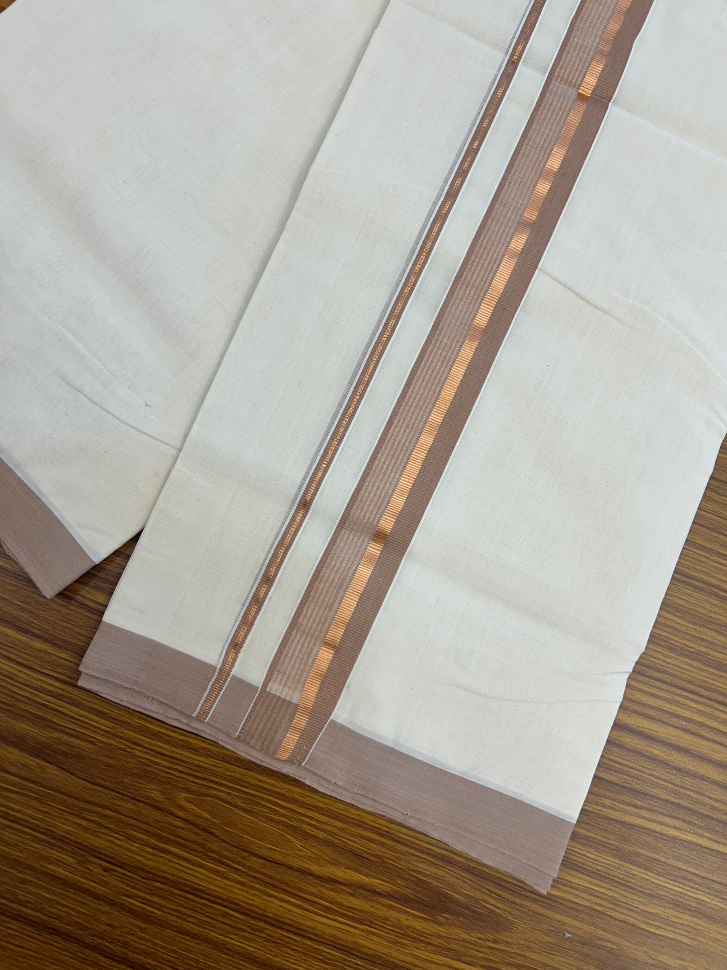 25% Discount ! KaithariKada Handloom Millpaav - Kerala Handloom- 100% Pure Cotton Off White (Unbleached) Double Mundu/Dothi - 80x90 - 1.5 inch Copper Kasav & Dusty Rose Striped Kara 4 Meters (8.5 Muzham) - 13 KK5328 RAM