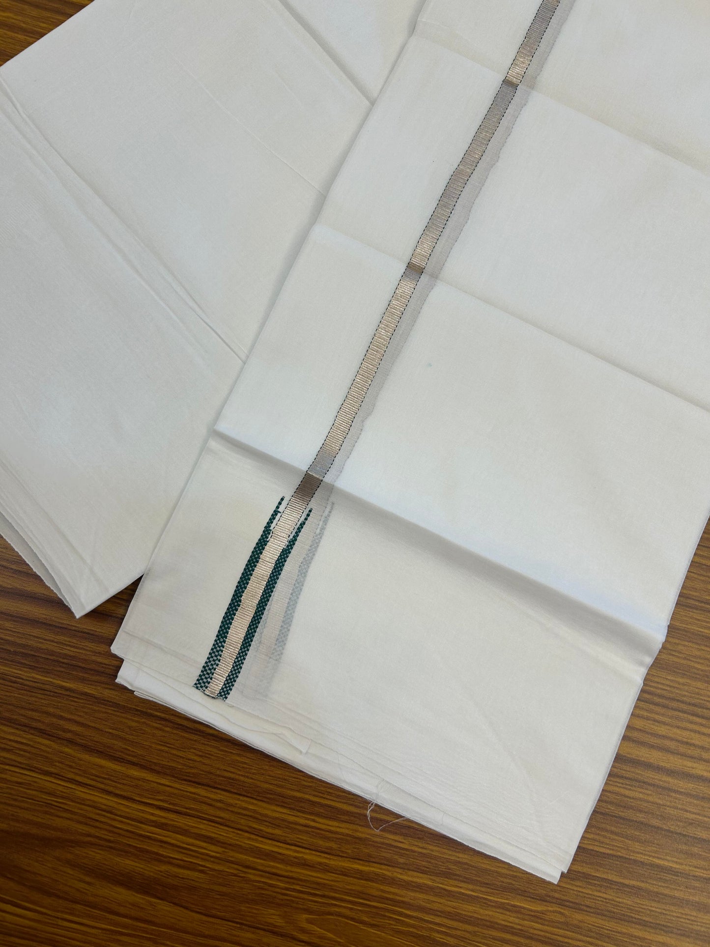 20% Discount! KaithariKada Balaramapuram 100% Cotton Double Pure white Mundu/Dhoti- 100X80 - 0.5 inch Dark Green & Silver Kasav Chutty Kara - Between3.80-3.95m (8 muzham) - 31 KK5355 CKS