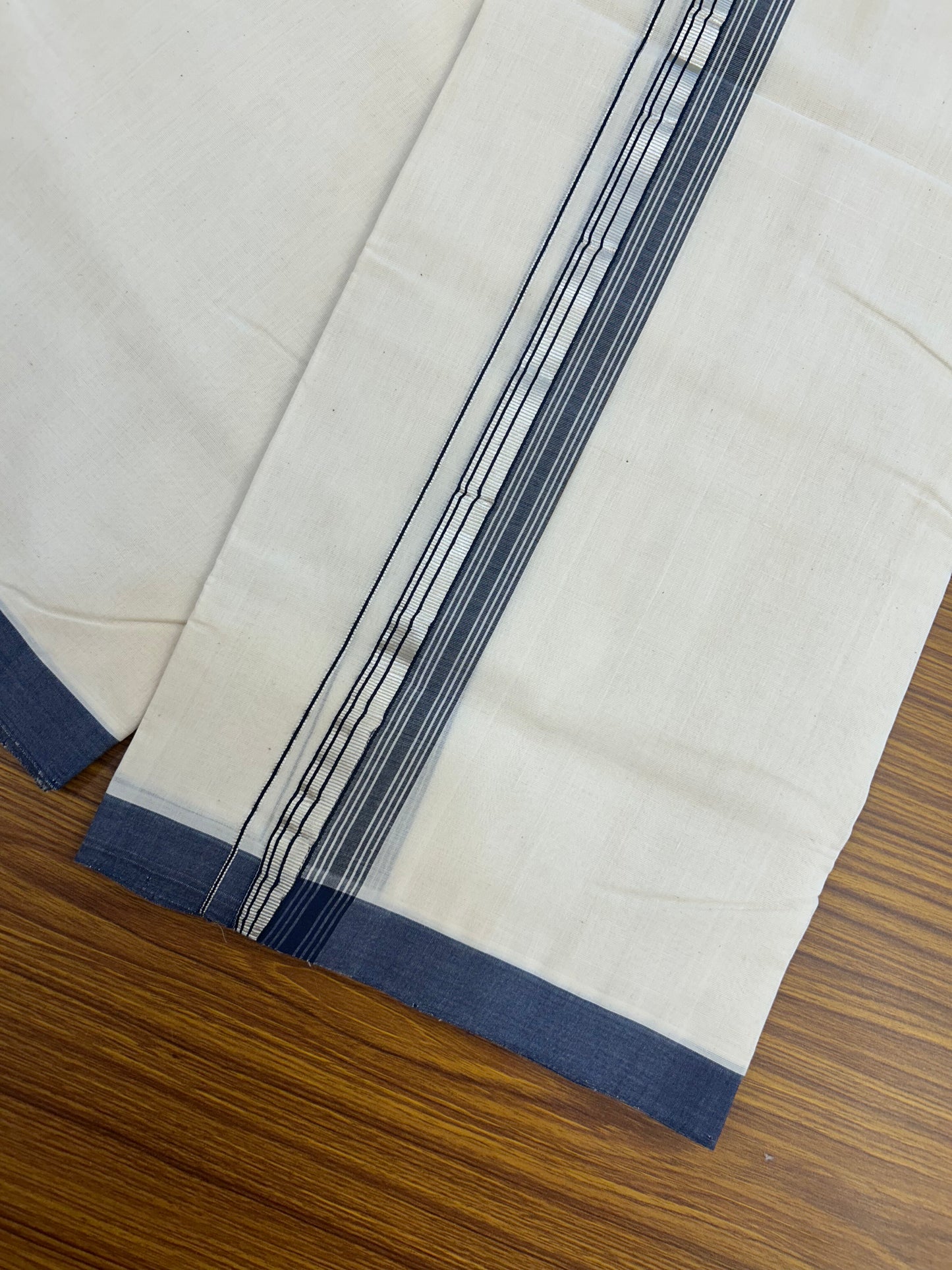 25% Discount ! KaithariKada Handloom Millpaav - Kerala Handloom - 100% Pure Cotton Off White (Unbleached) Double Mundu/Dothi - 80x90 - 1.5 inch Silver Kasav & Navy Blue Shaded Striped Kara 4 Mtr (8.5 Muzham) - 22 KK5328 RAM