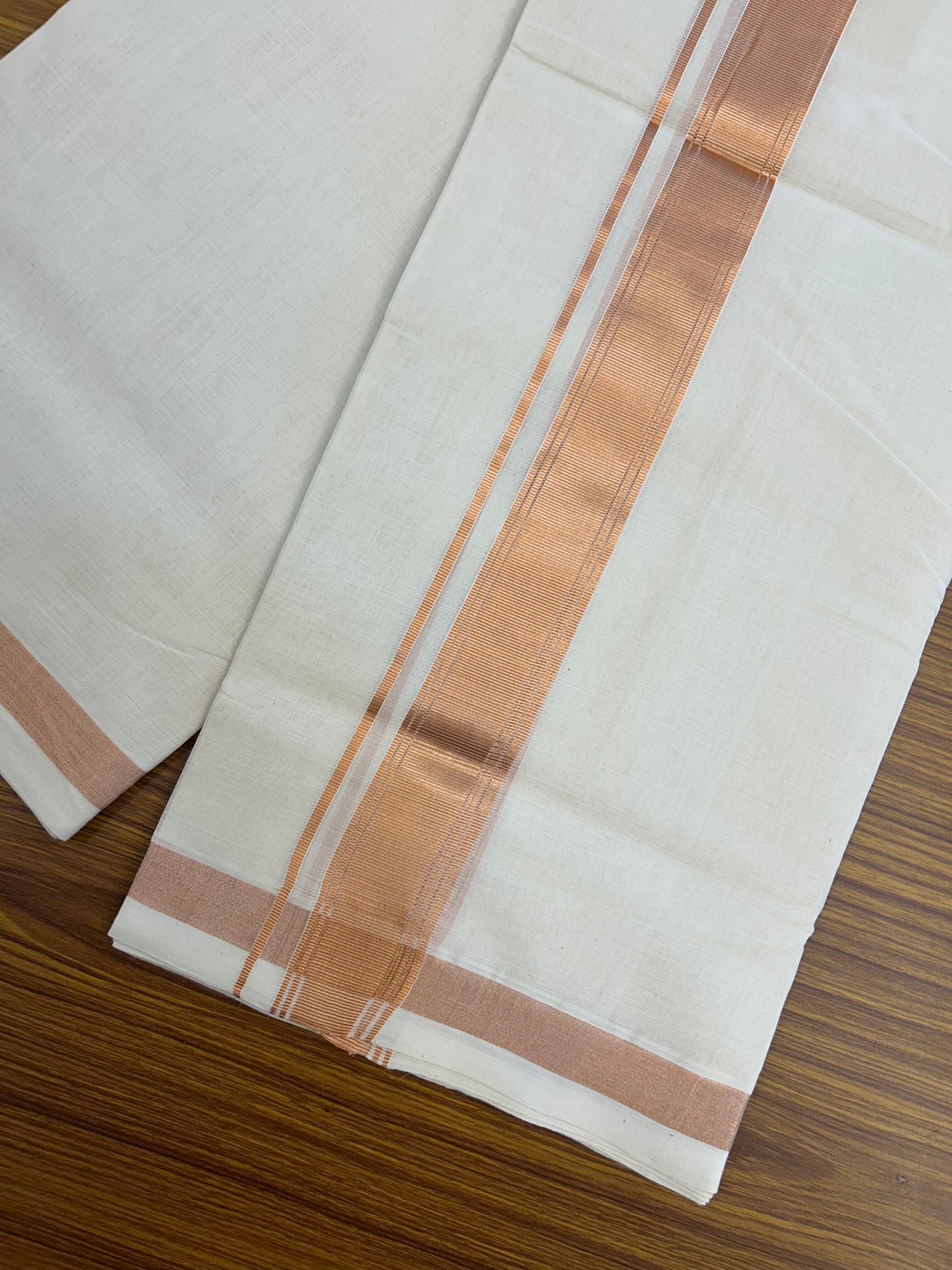 25% Discount ! KaithariKada Handloom Millpaav Balaramapuram - 100% Pure Cotton Off White (Unbleached) Double Mundu/Dothi - 80x90 - 1.75 inch Copper Kasav Stripes Kara 4 Mtr (8.5 Muzham) - 27 KK5328 RAM