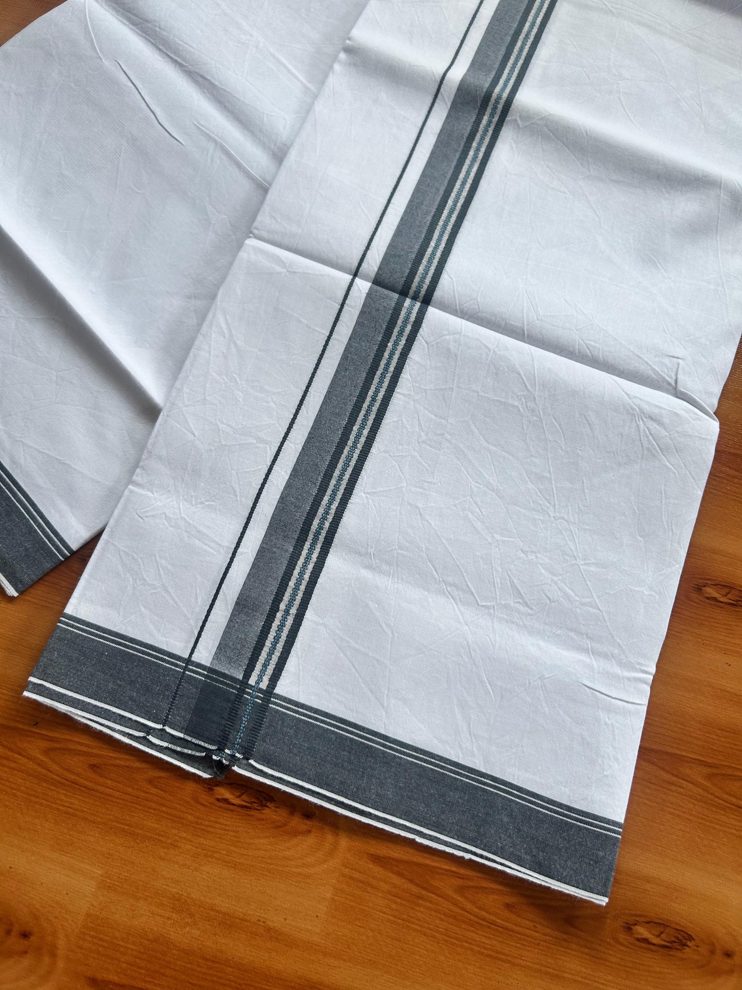Single Mundu/Dhoti - Pure White - KaithariKada Balaramapuram 100% Cotton - Twisted 60s Thread - 1 inch Silver Kasav Grey & Peacock Blue Shaded Kara (2 meter / 4 muzham) - 9 KK5495 GL