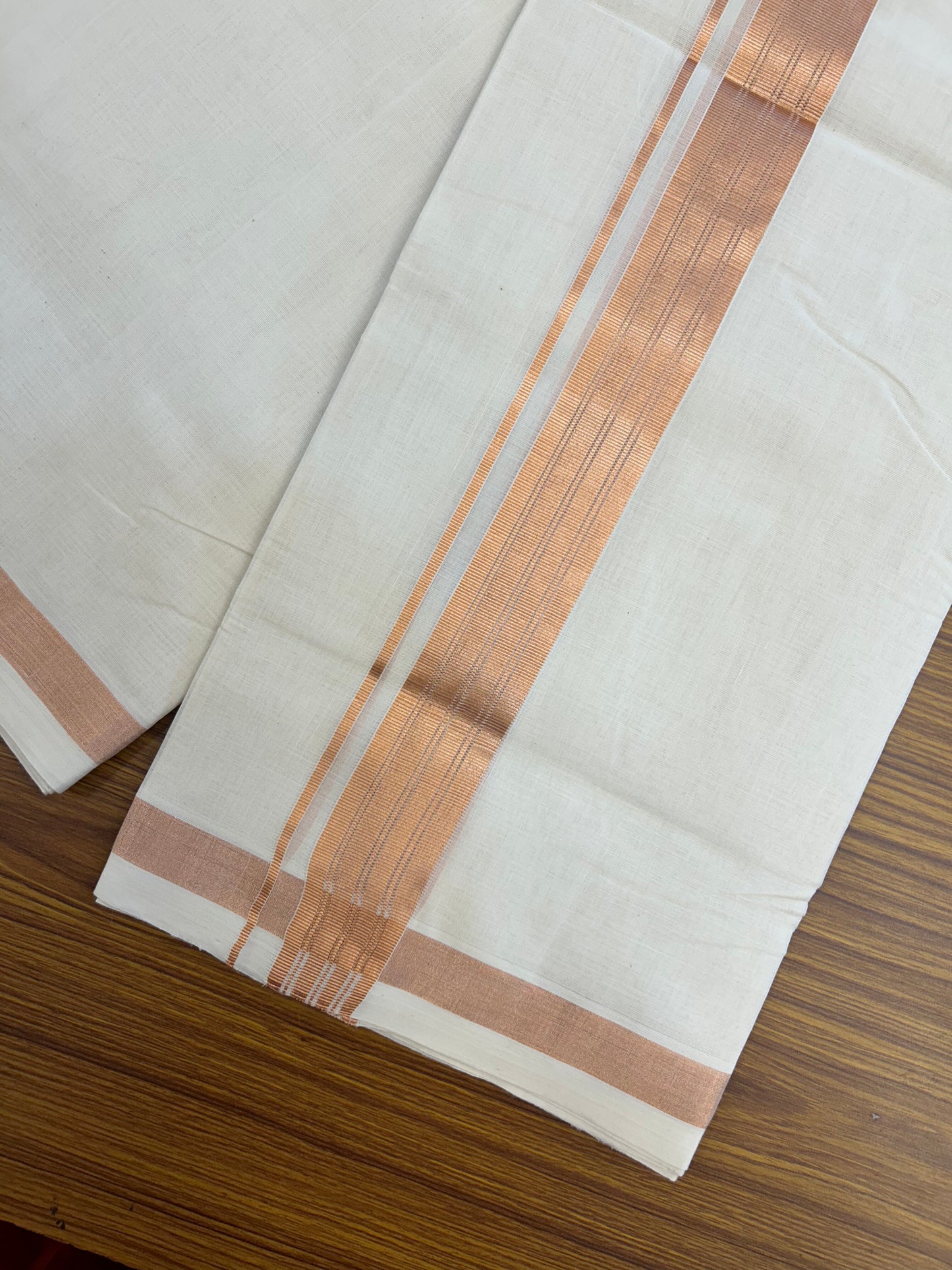 25% Discount ! KaithariKada Handloom Millpaav Balaramapuram - 100% Pure Cotton Off White (Unbleached) Double Mundu/Dothi - 80x90 - 1.75 inch Copper Kasav Stripes Kara 4 Mtr (8.5 Muzham) - 28 KK5328 RAM