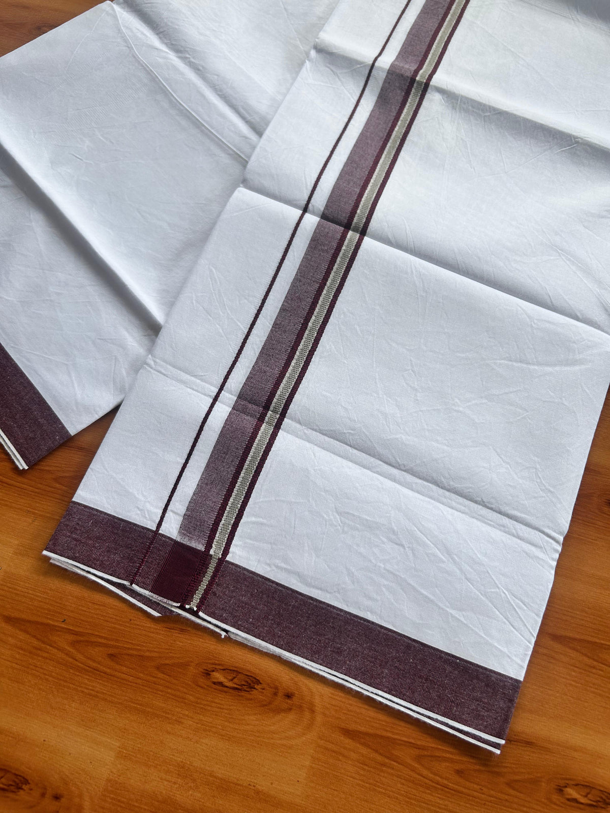 Single Mundu/Dhoti - Pure White - KaithariKada Balaramapuram 100% Cotton - Twisted 60s Thread - 1 inch Silver Kasav Maroon & Beige Shaded Kara (2 meter / 4 muzham) - 10 KK5495 GL