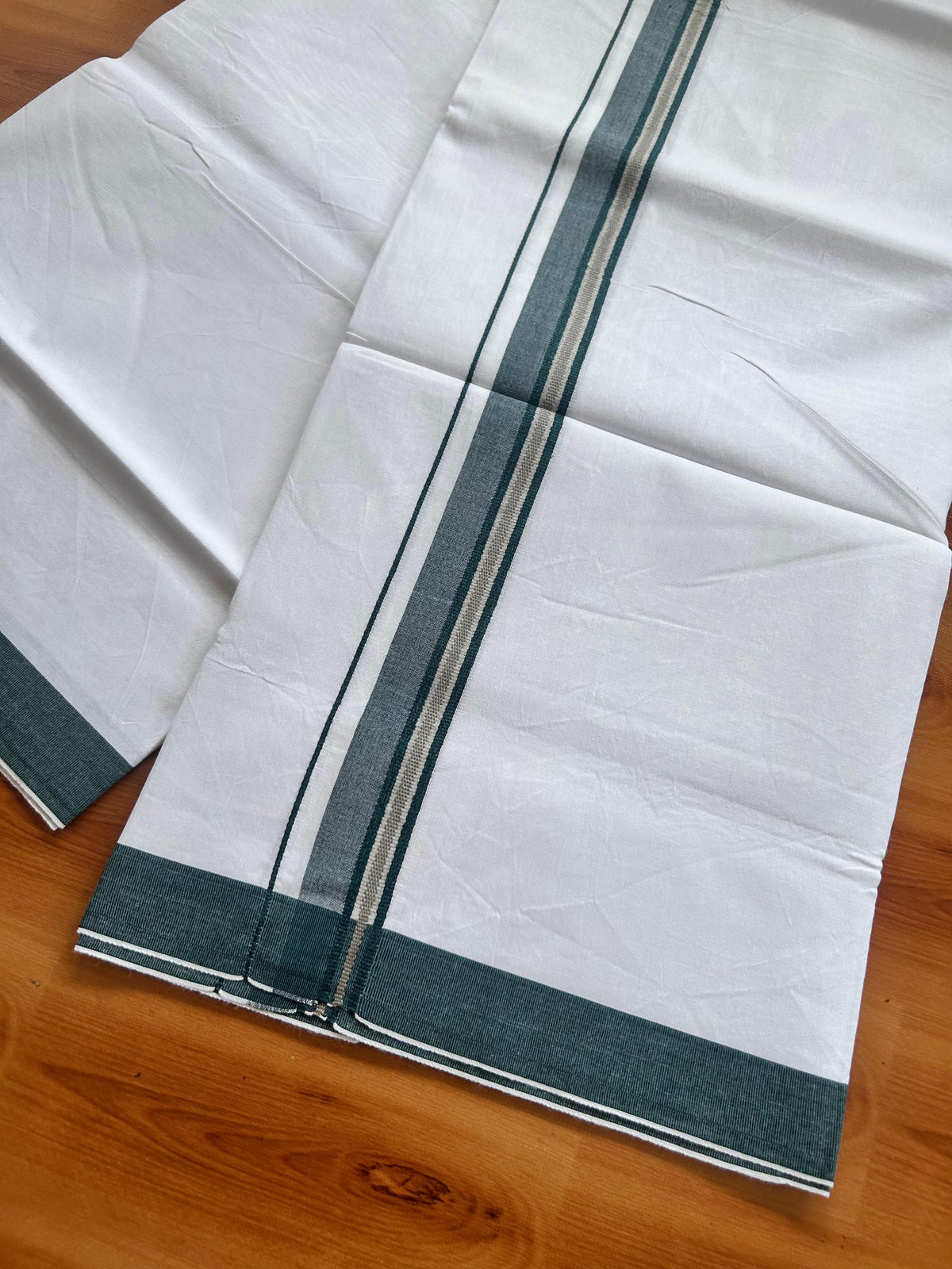 Single Mundu/Dhoti - Pure White - KaithariKada Balaramapuram 100% Cotton - Twisted 60s Thread - 1 inch Silver Kasav Peacock Green & Beige Shaded Kara (2 meter / 4 muzham) - 11 KK5495 GL