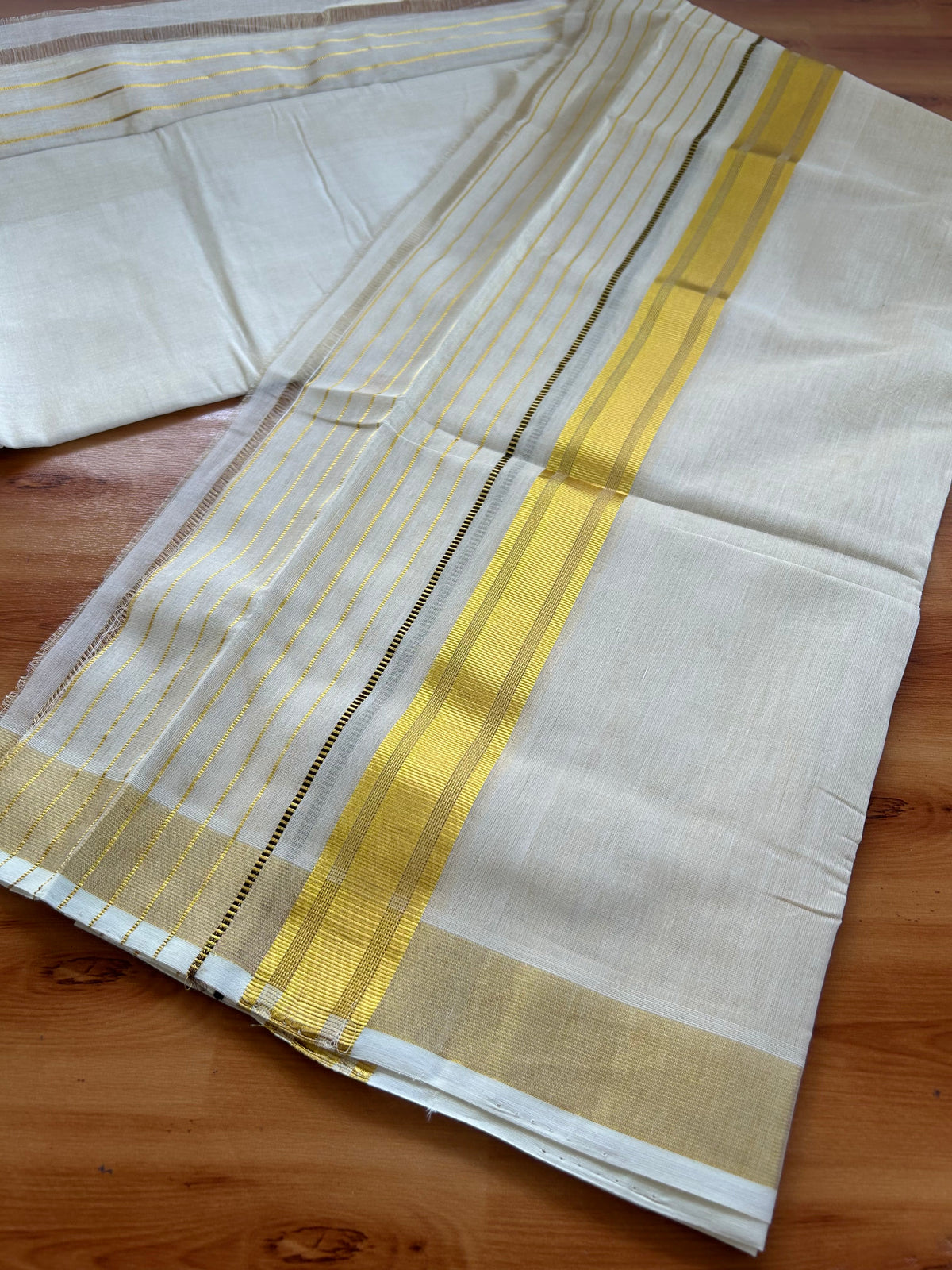 Double Off White - (Unbleached) Mundu/Dhoti - 25% Discount! KaithariKada Pulimood Handloom Millpaav - Pure Cotton - (80X90) - 6.5 inch Gold Kasav & Brown Striped Kara With Tissue Body 3.80 mtr (8 Muzham) - 1 KK5543 CED