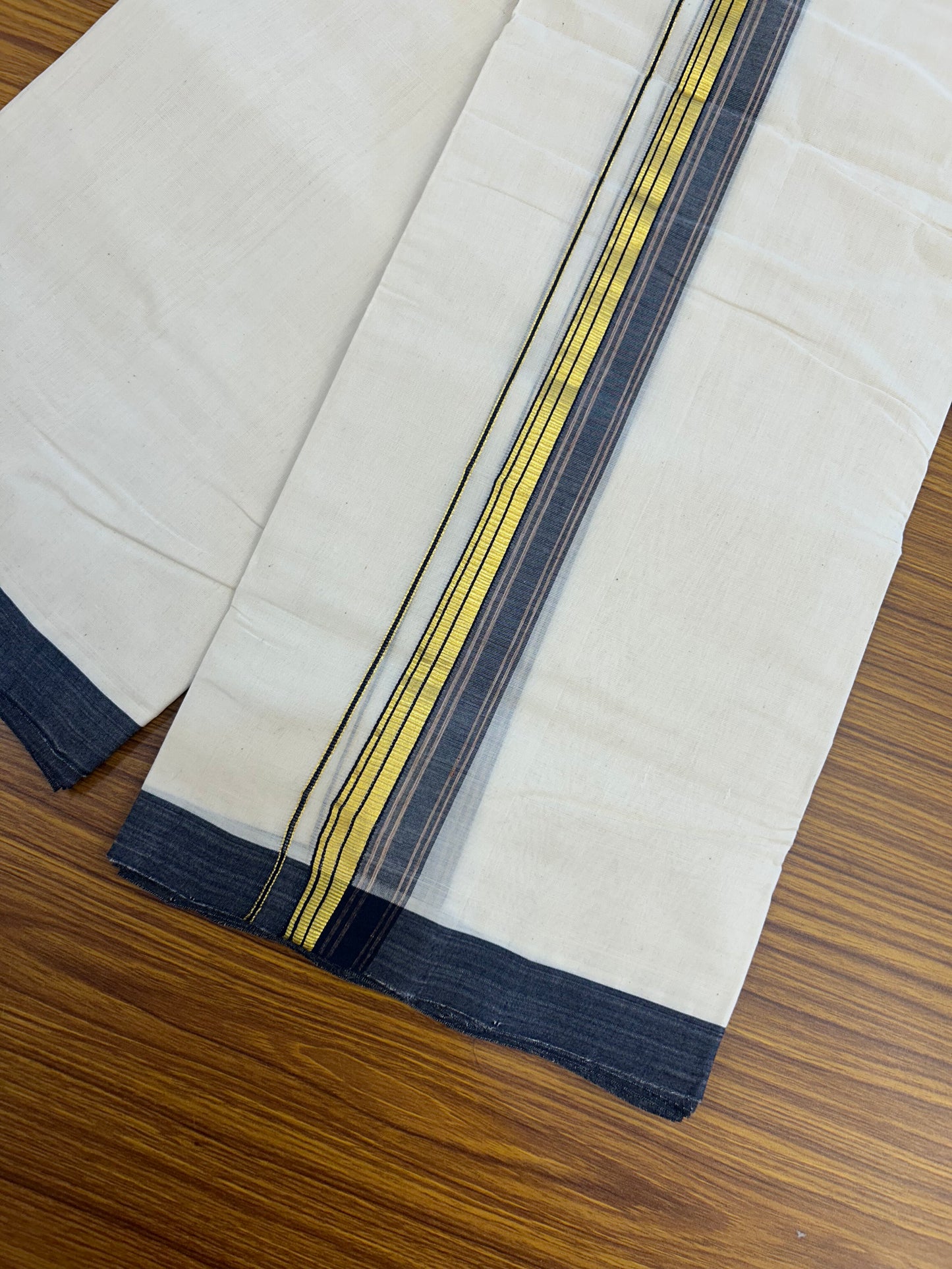 25% Discount ! KaithariKada Handloom Millpaav - Kerala Handloom - 100% Pure Cotton Off White (Unbleached) Double Mundu/Dothi - 80x90 - 1.5 inch Gold Kasav Navy Blue & Brown Shaded Striped Kara 3.60 Mtr (8 Muzham) - 21 KK5328 RAM