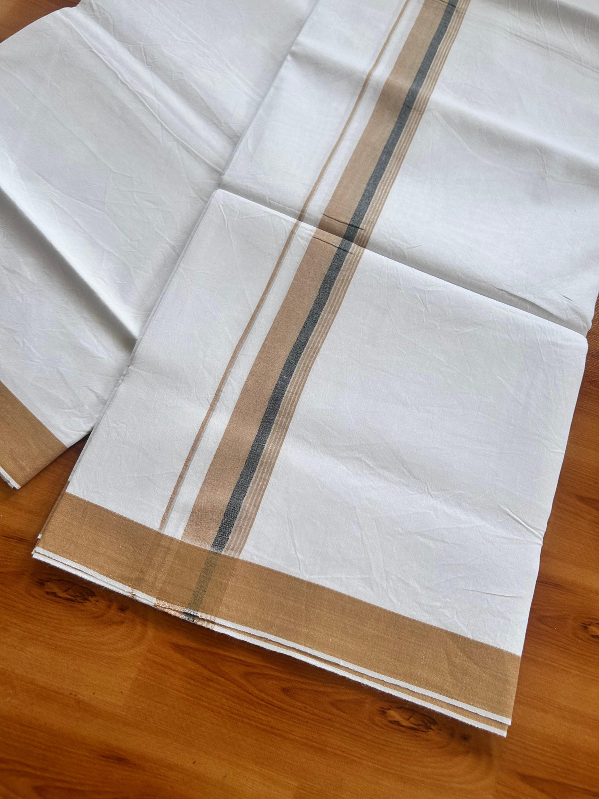 Single Mundu/Dhoti - Pure White - KaithariKada Balaramapuram 100% Cotton - Twisted 60s Thread - 1 inch Silver Kasav Sand Brown & Black Shaded Striped Kara (2 meter / 4 muzham) - 15 KK5495 GL