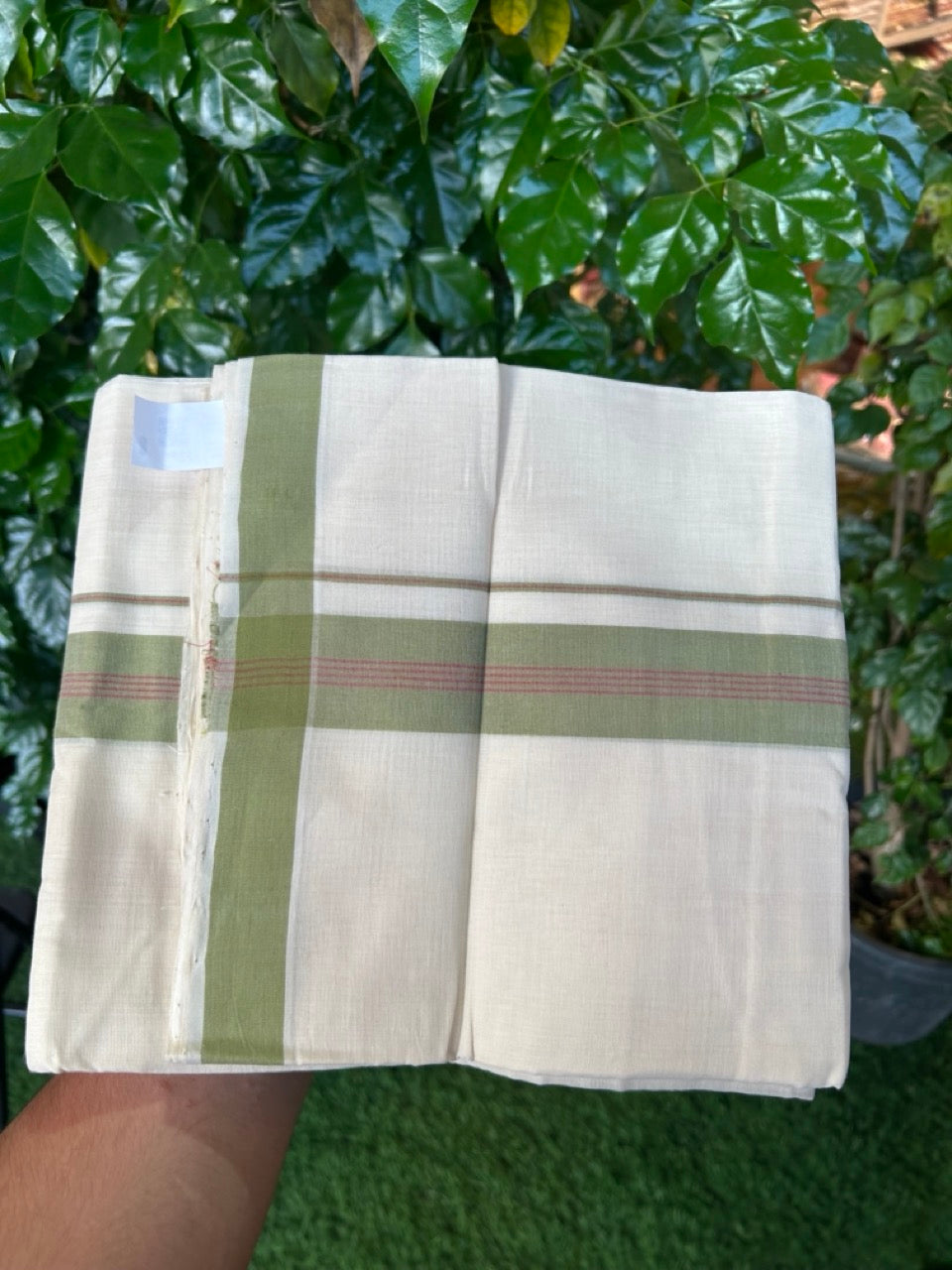 25% Discount KaithariKada Handloom Unakkupaav Balaramapuram - 100% PURE Cotton off white (Unbleached) Double Mundu/Dhoti - 80X90 - 1.5 inch Green & Magenta Center Stripes Kara 3.80 mtr (8 muzham) - 1 KK5260 ELA