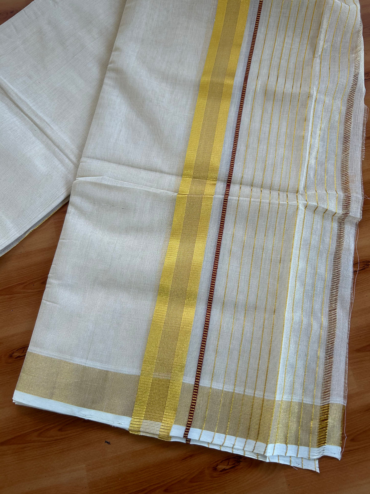 Double Off White - (Unbleached) Mundu/Dhoti - 25% Discount! KaithariKada Pulimood Handloom Millpaav - Pure Cotton - (80X90) - 6.5 inch Gold Kasav & Maroon Striped Kara With Tissue Body 3.80 mtr (8 Muzham) - 3 KK5544 CED