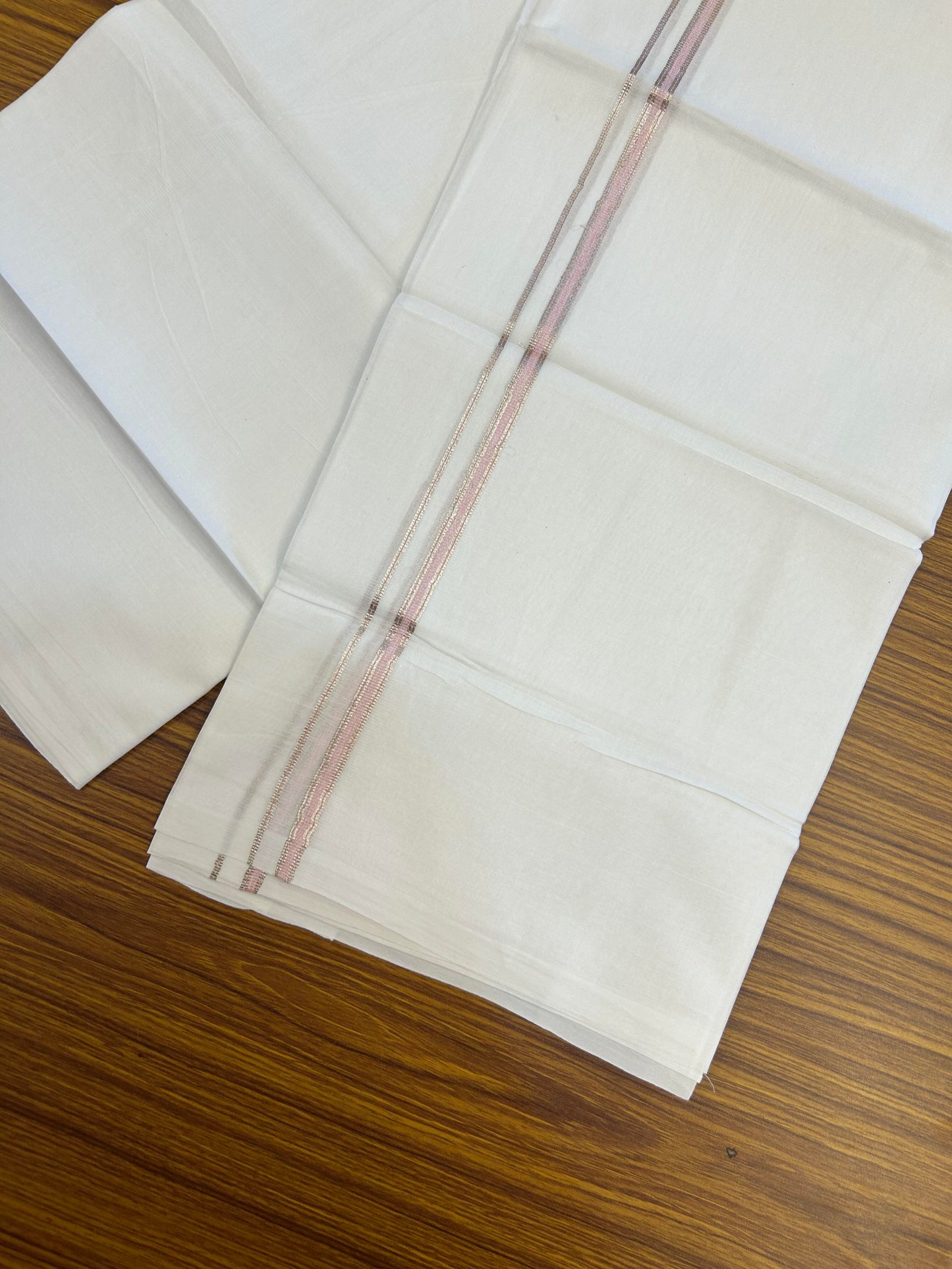 20% Discount! KaithariKada Balaramapuram 100% Cotton Double Pure white Mundu/Dhoti- 100X80 - 1 cm Baby Pink & Silver Kasav shaded Kara - Between3.80-3.95m (8 muzham) - 17 KK5355 CKS