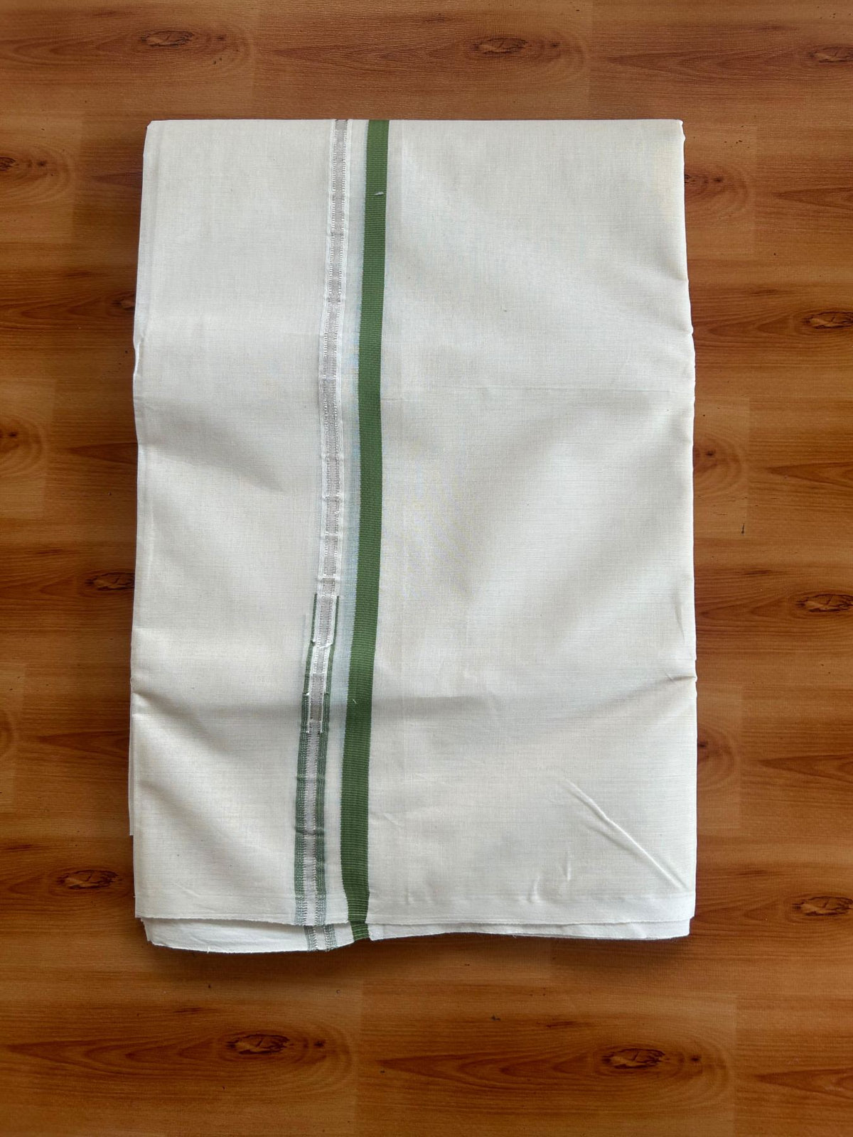 Double Off White (Unbleached) Mundu/Dhoti - 20% Discount!! KaithariKada Pulimood 100% Cotton 100x100 - 1 cm Puliyilakkara Silver Kasav & Forest Green Striped Chutty Kara - 3.75 mtr (8 muzham) - 6 KK5546 ASH