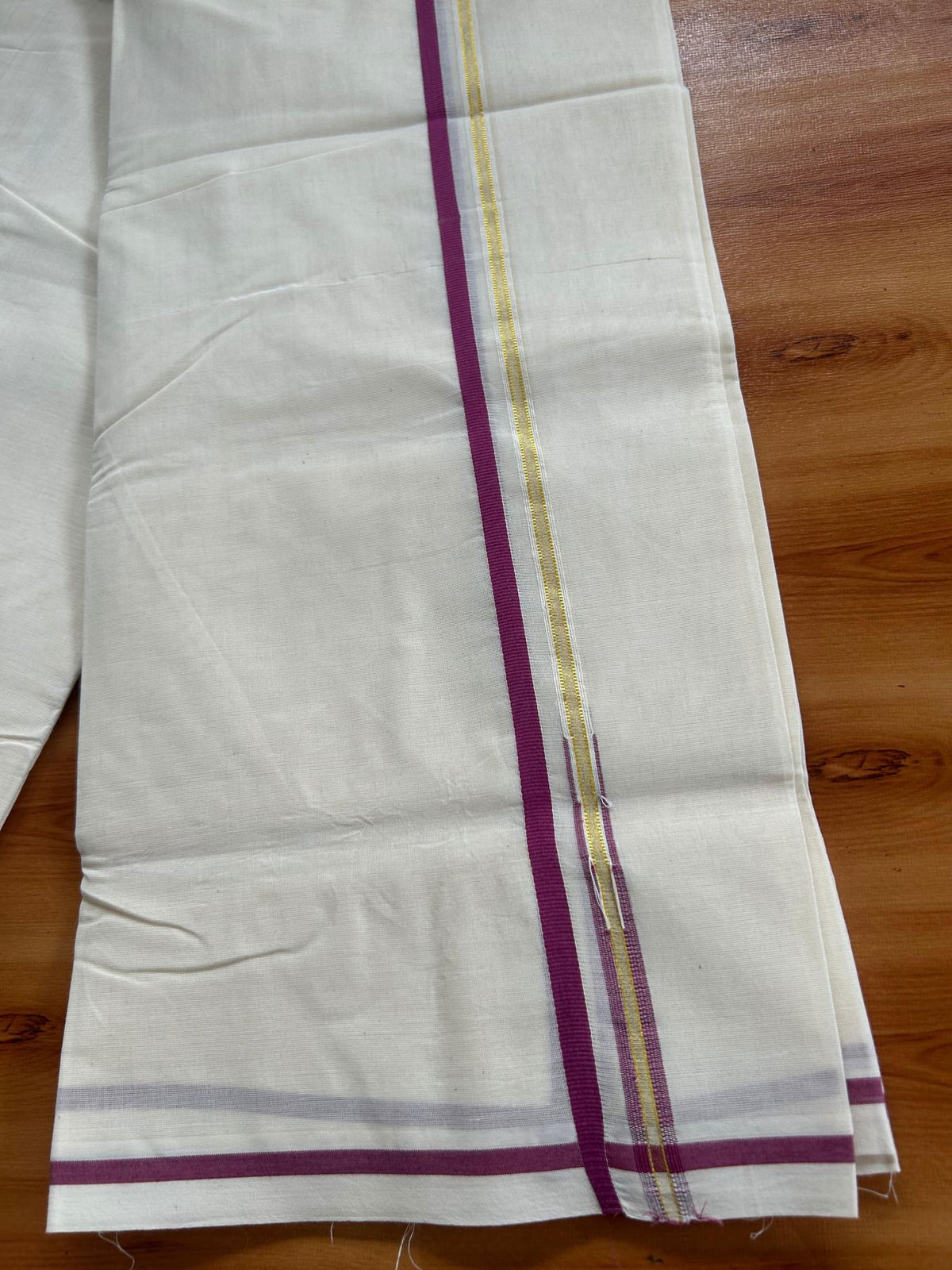 Double Off White (Unbleached) Mundu/Dhoti - 20% Discount!! KaithariKada Pulimood 100% Cotton 100x100 - 1 cm Puliyilakkara Gold Kasav & Magenta Chutty Kara - 3.75 mtr (8 muzham) - 16 KK5546 ASH