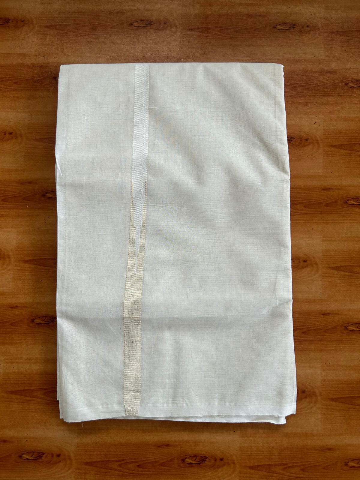 Double Off White (Unbleached) Mundu/Dhoti - 20% Discount!! KaithariKada Pulimood 100% Cotton 100x100 - 0.75 inch Puliyilakkara Gold kasav Chutty Kara - 4 mtr (8.5 muzham) - 21 KK5546 ASH