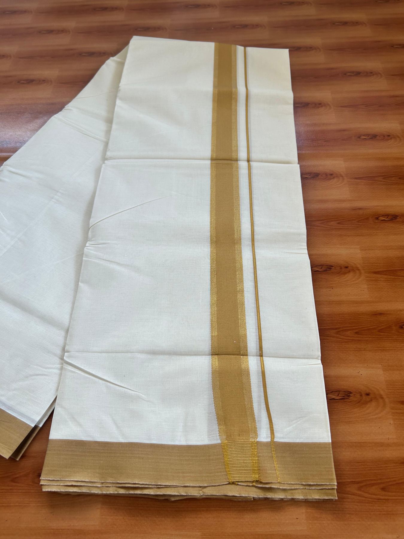 Double Off White (Unbleached) Mundu/Dhoti - 20% Discount! Kaitharikada Pure Cotton - 80x80 - 1.5 Inch Gold Kasav & Light Mustard Yellow Kara 4 mtr (8.5 muzham) - 3 KK5478 MRH